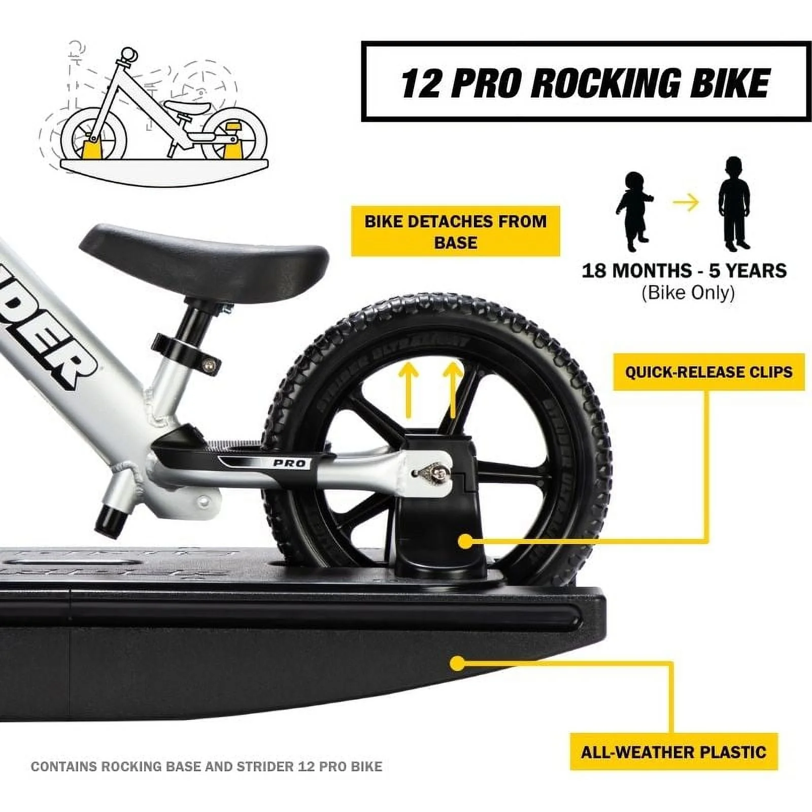 Strider - 12 Pro 2-in-1 Rocking Balance Bike, Ages 6 months to 5 Years - Silver - Image 3