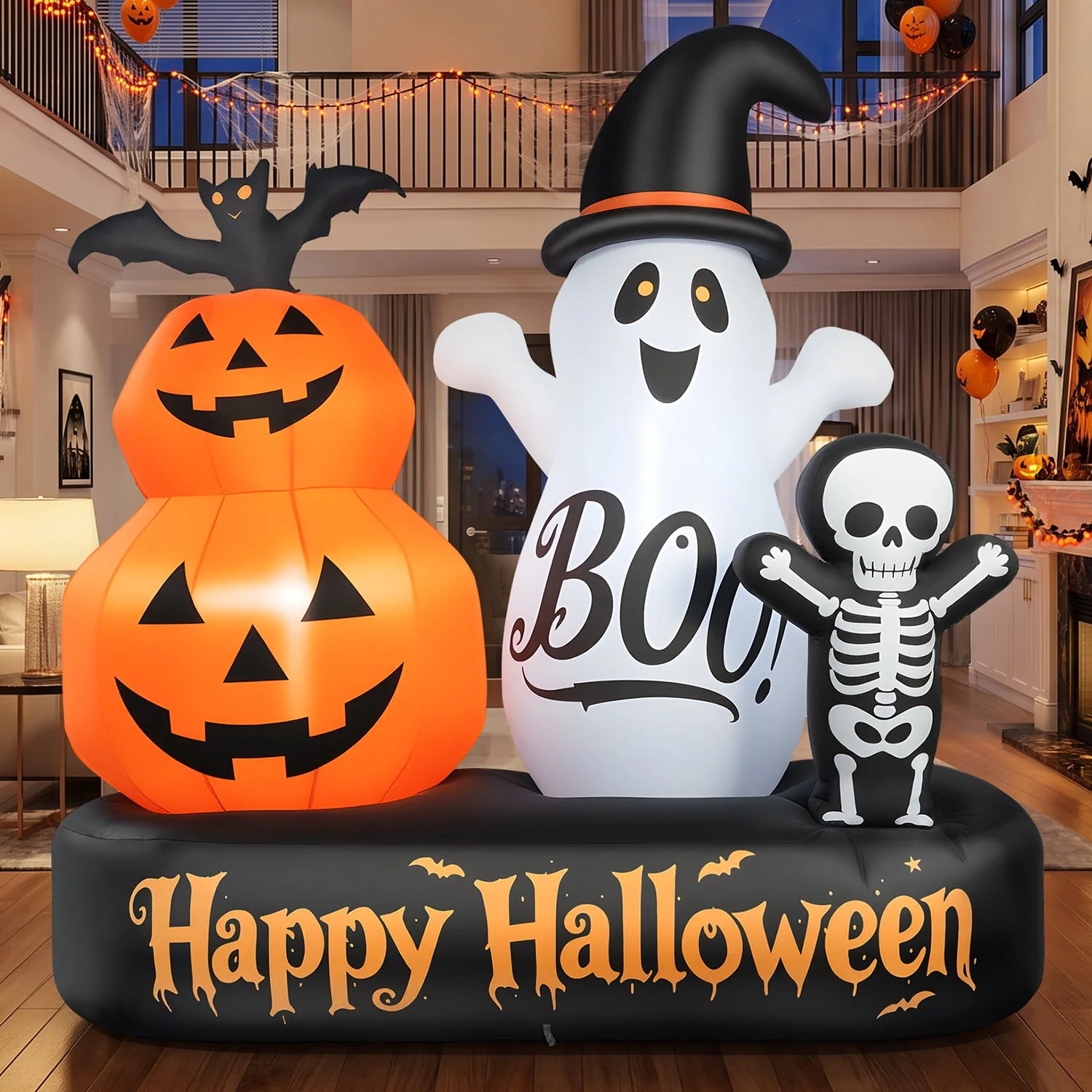 6ft Halloween Inflatable Outdoor Decorations, Lighted Pumpkin Ghost Skeleton with Bat, Built-in LED Lights, Blow Up Halloween Yard Decoration for Lawn, Porch & Party - Image 11 6ft Halloween Inflatable Outdoor Decorations, Lighted Pumpkin Ghost Skeleton with Bat, Built-in LED Lights, Blow Up Halloween Yard Decoration for Lawn, Porch & Party - Image 11