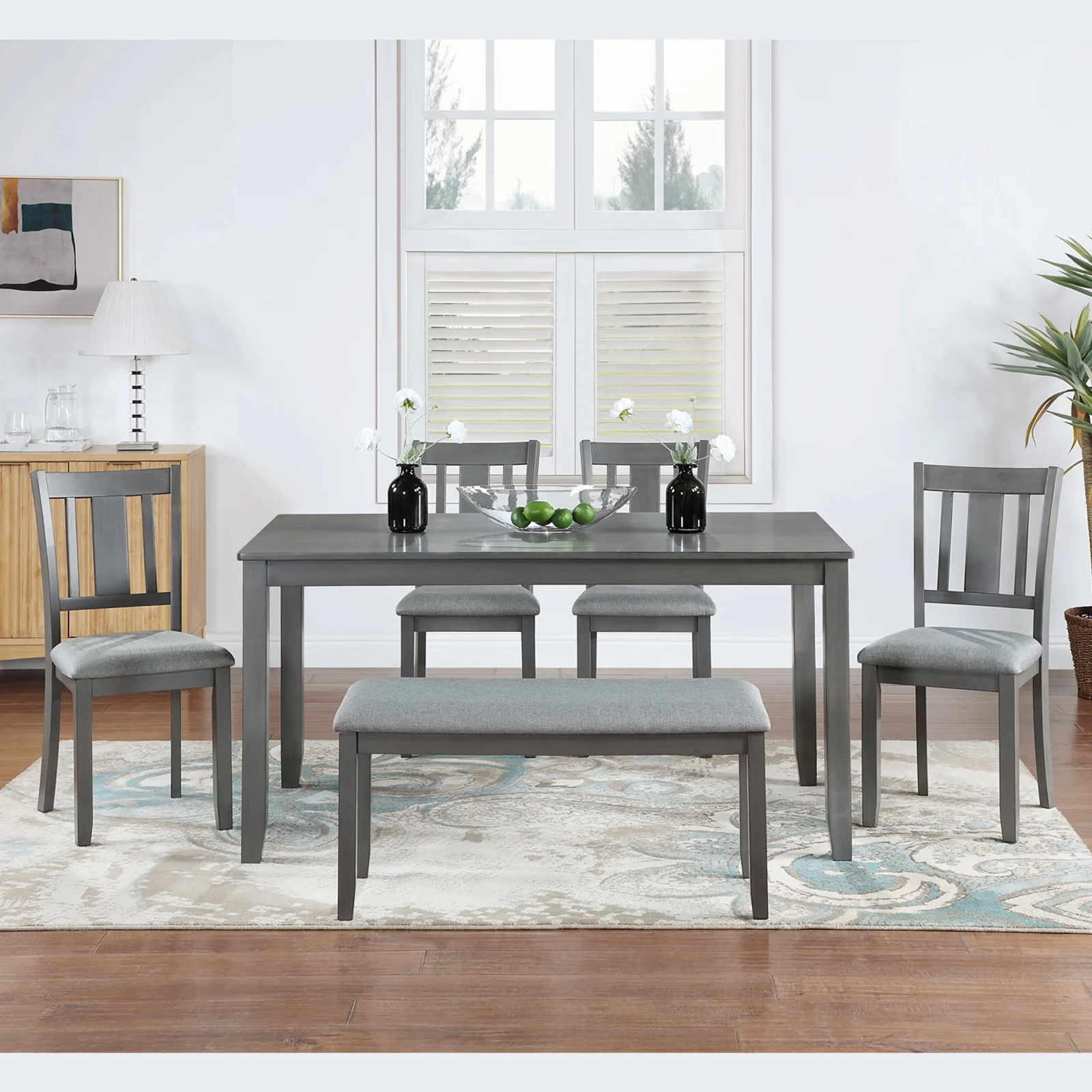 Dining Room Set, LEGAHOME 6 Piece Dining Sets with Bench and Chairs, Solid Wood Kitchen Dining Table Set for 6 with Upholstered Chairs, Gray - Image 2