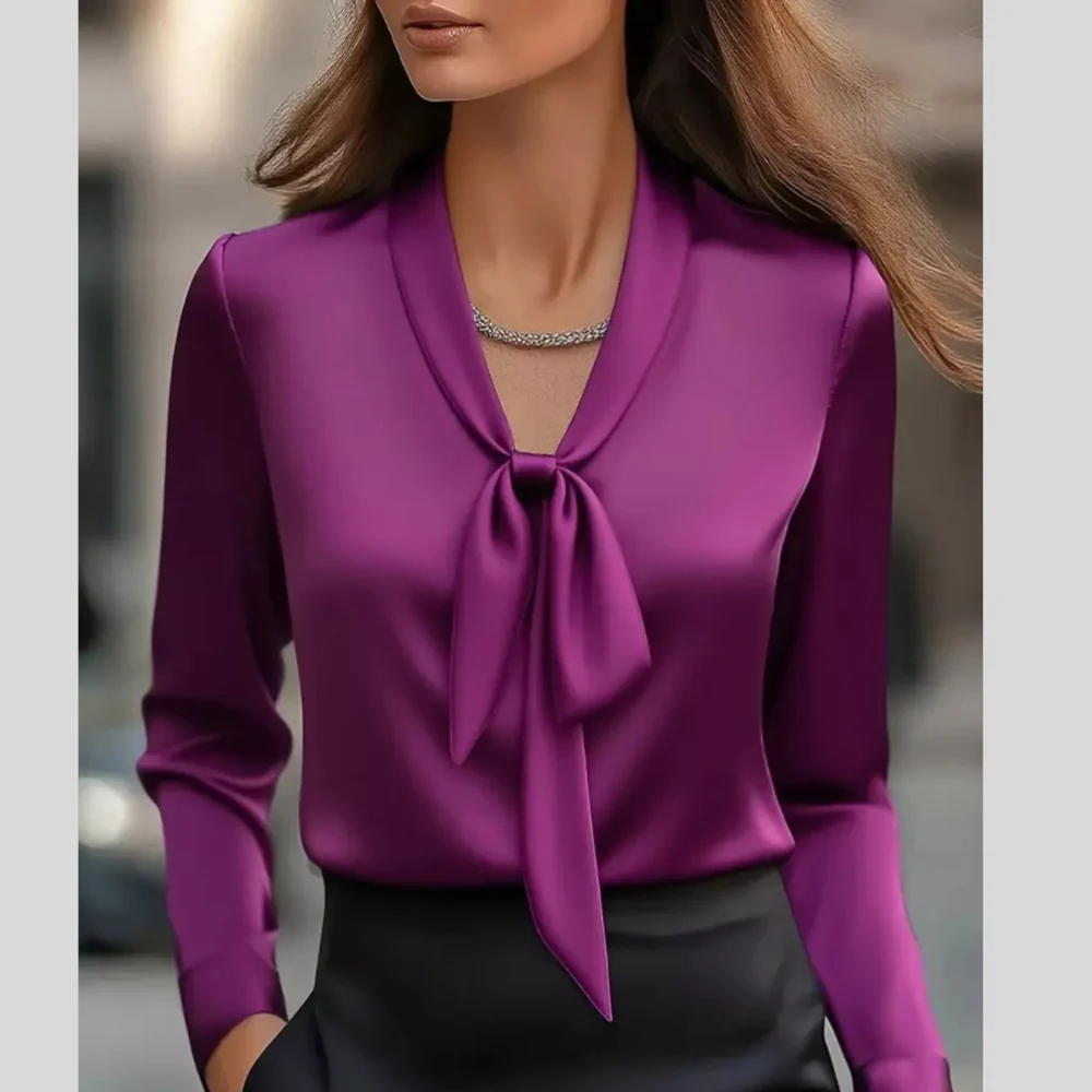 Satin Tie Front Long Sleeve Blouse - ZKZOOK