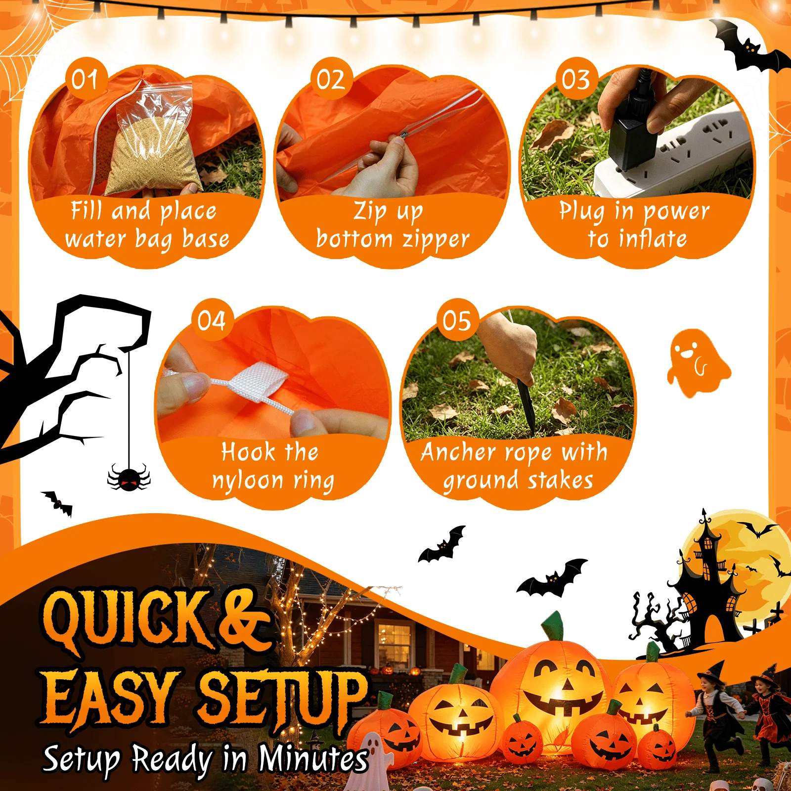 7.5 FT Long Halloween Inflatables Pumpkin Family Lighted,7 Pumpkins Blow Up Yard Decoration, Built-in LEDs, Stakes & Tethers Included for Outdoor Lawn Garden Halloween Decor - Image 5 7.5 FT Long Halloween Inflatables Pumpkin Family Lighted,7 Pumpkins Blow Up Yard Decoration, Built-in LEDs, Stakes & Tethers Included for Outdoor Lawn Garden Halloween Decor - Image 5