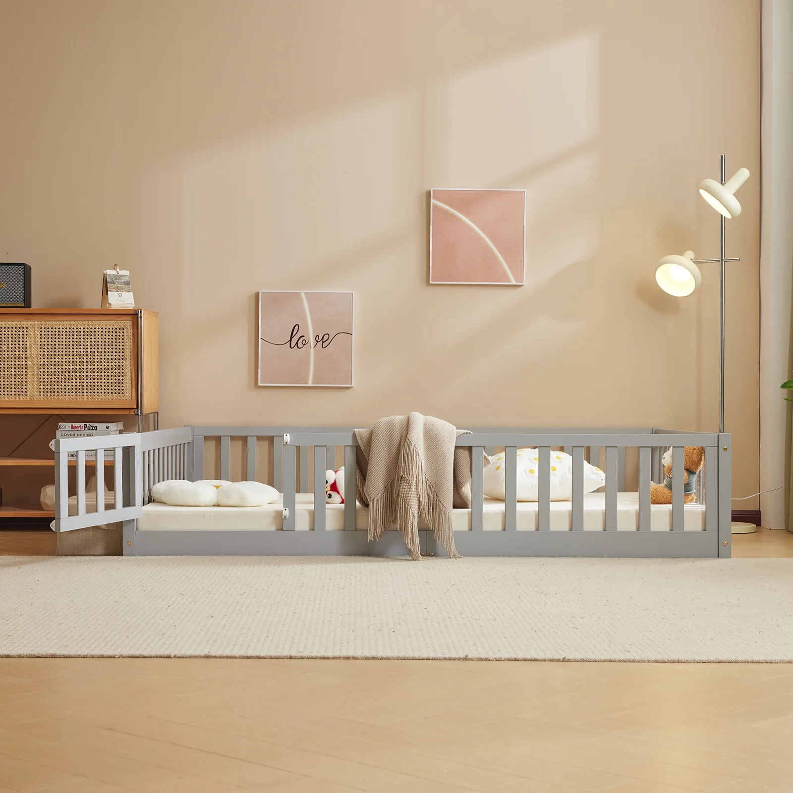 Zimtown Montessori Floor Bed Frame, Full Size Kids Toddler Bed with Fence and Door, Wooden Platform Bed, White - Image 19