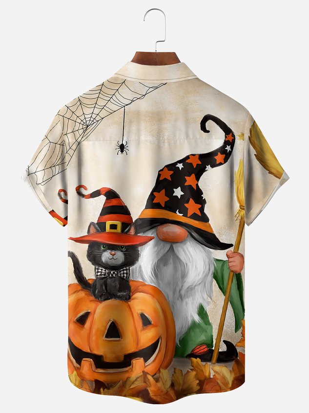 Halloween Gnomes and Cat Chest Pocket Short Sleeve Casual Shirt