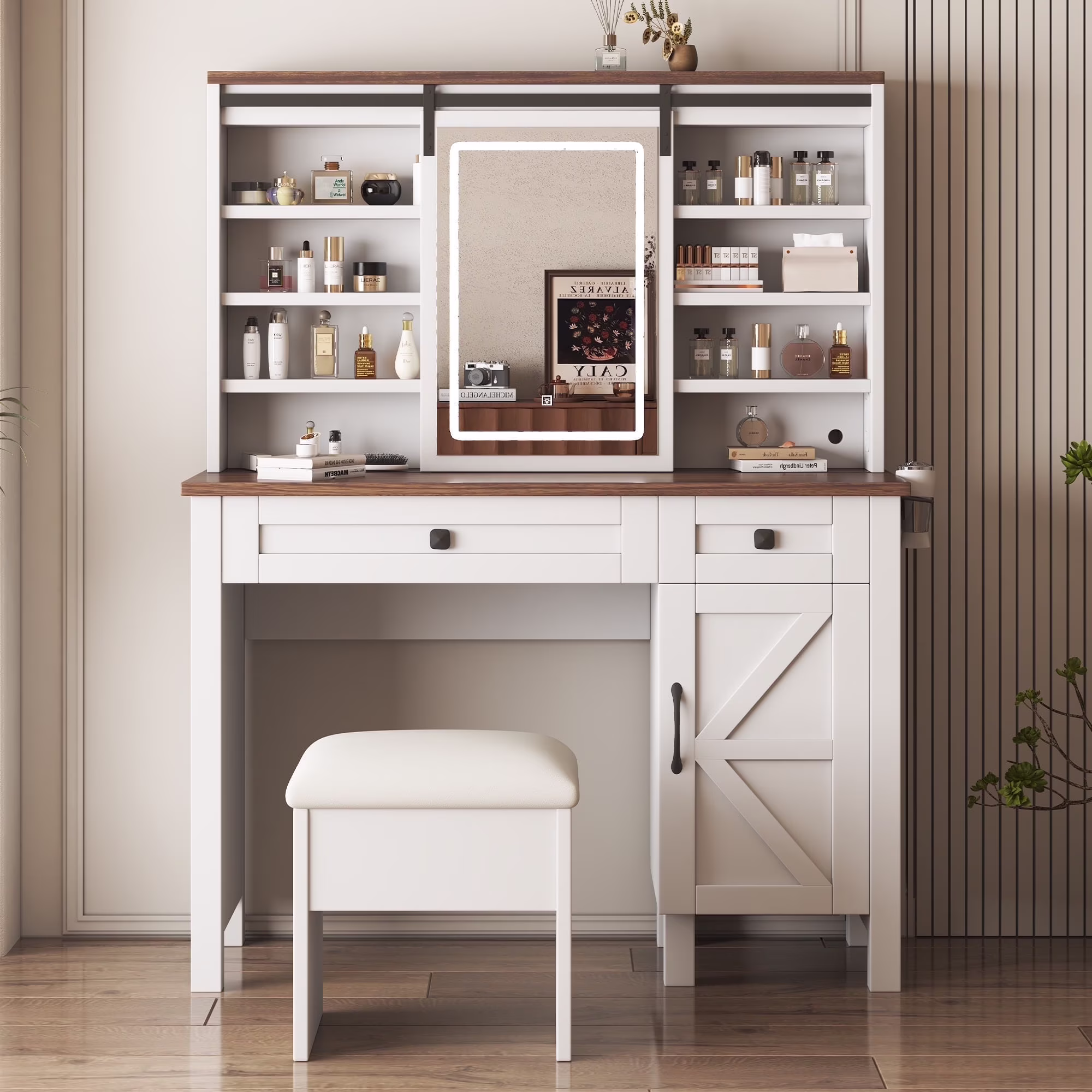 Montary Modern Mini Vanity w/Adjustable LED Mirror + Hidden Storage, Padded Stool & Dustproof Shelves (White) - Image 14