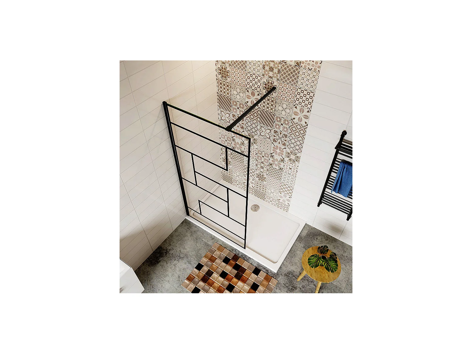 Paroi de douche 120x200cm fixe à l'italienne avec barre de fixation noire 90cm, en 8mm verre anticalcaire style moderne