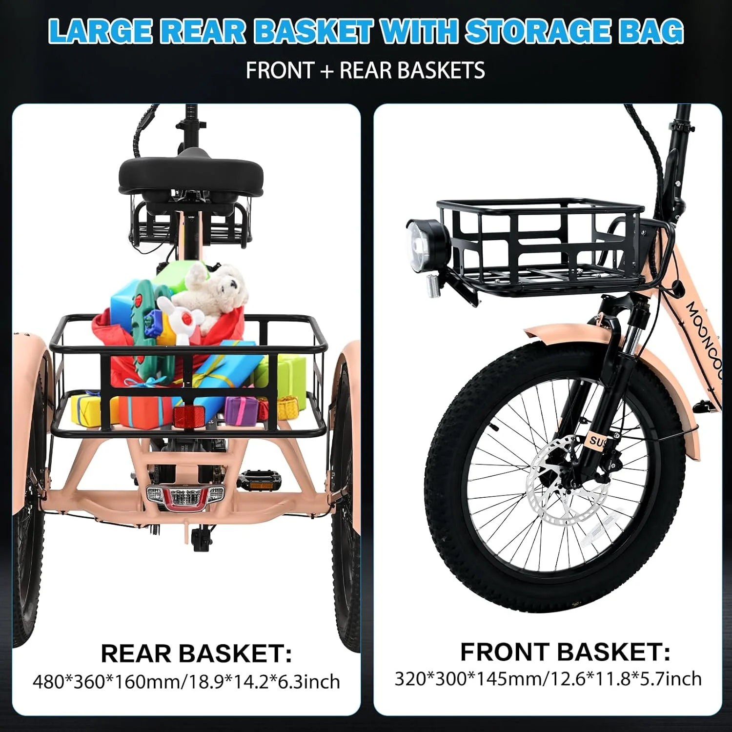 MOONCOOL TK1 Folding Electric Tricycle for Adults,48V 14.5Ah Removable battery, 500W(Peak 1000w)Motor, 20" Fat Tire Step-Thru 3Wheel Electric Bicycle w/Front&Rear Baskets, Certified to UL 2849 by SGS - Image 30