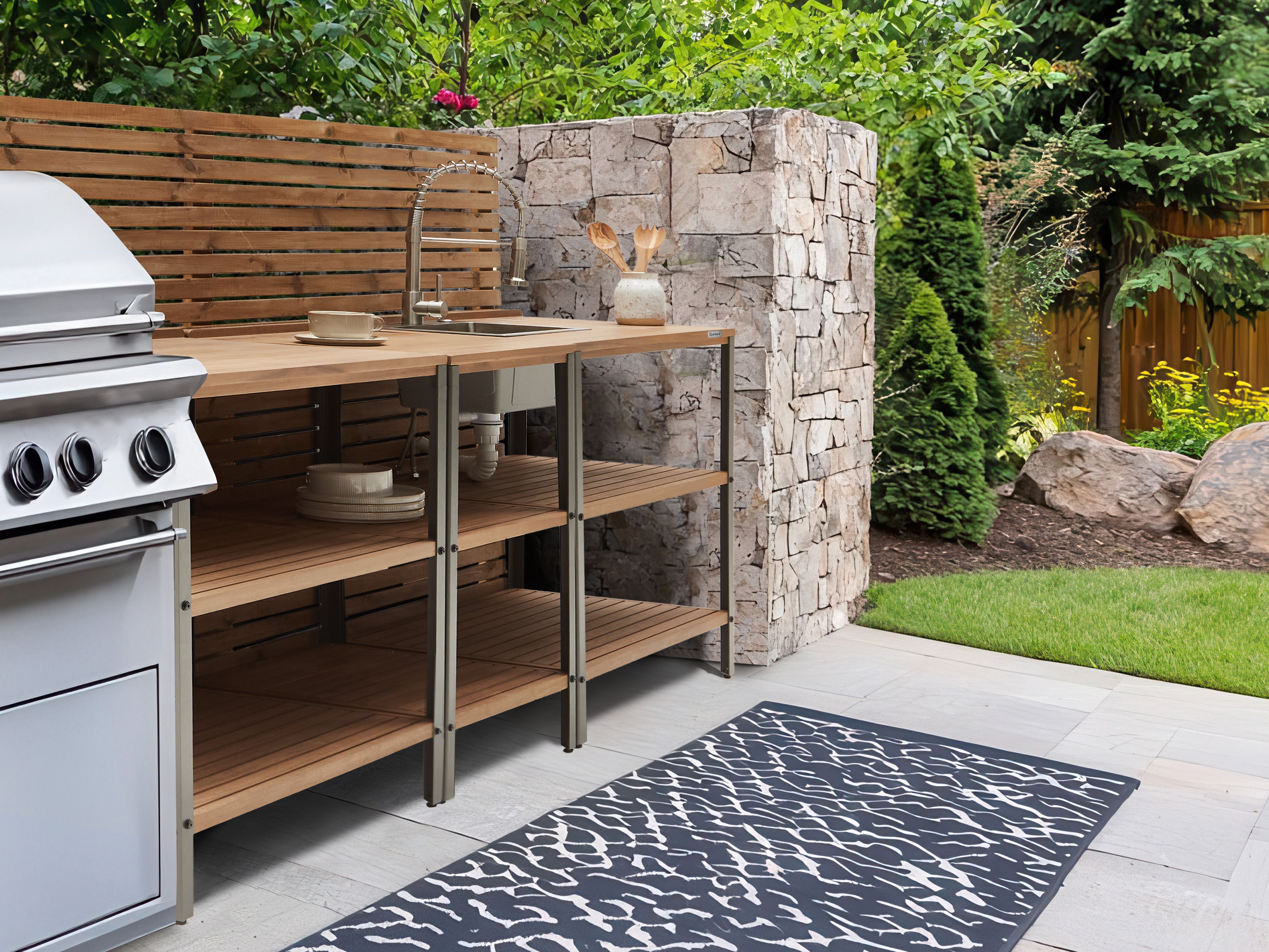 3 Piece Outdoor Kitchen Set with Sink IVREA Certified Acacia Wood Brown/ Silver