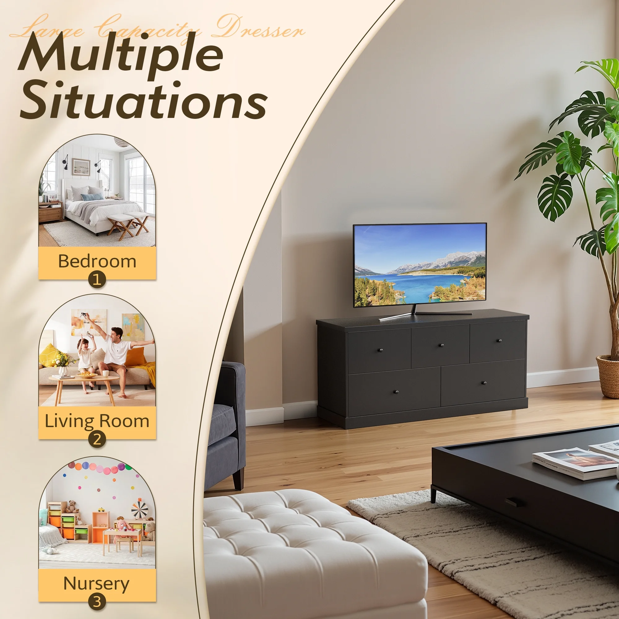 Homall 5 Drawer Dresser Wood Storage Cabinet Double Tier Chest of Drawer TV Stand for Bedroom, Living Room, Black