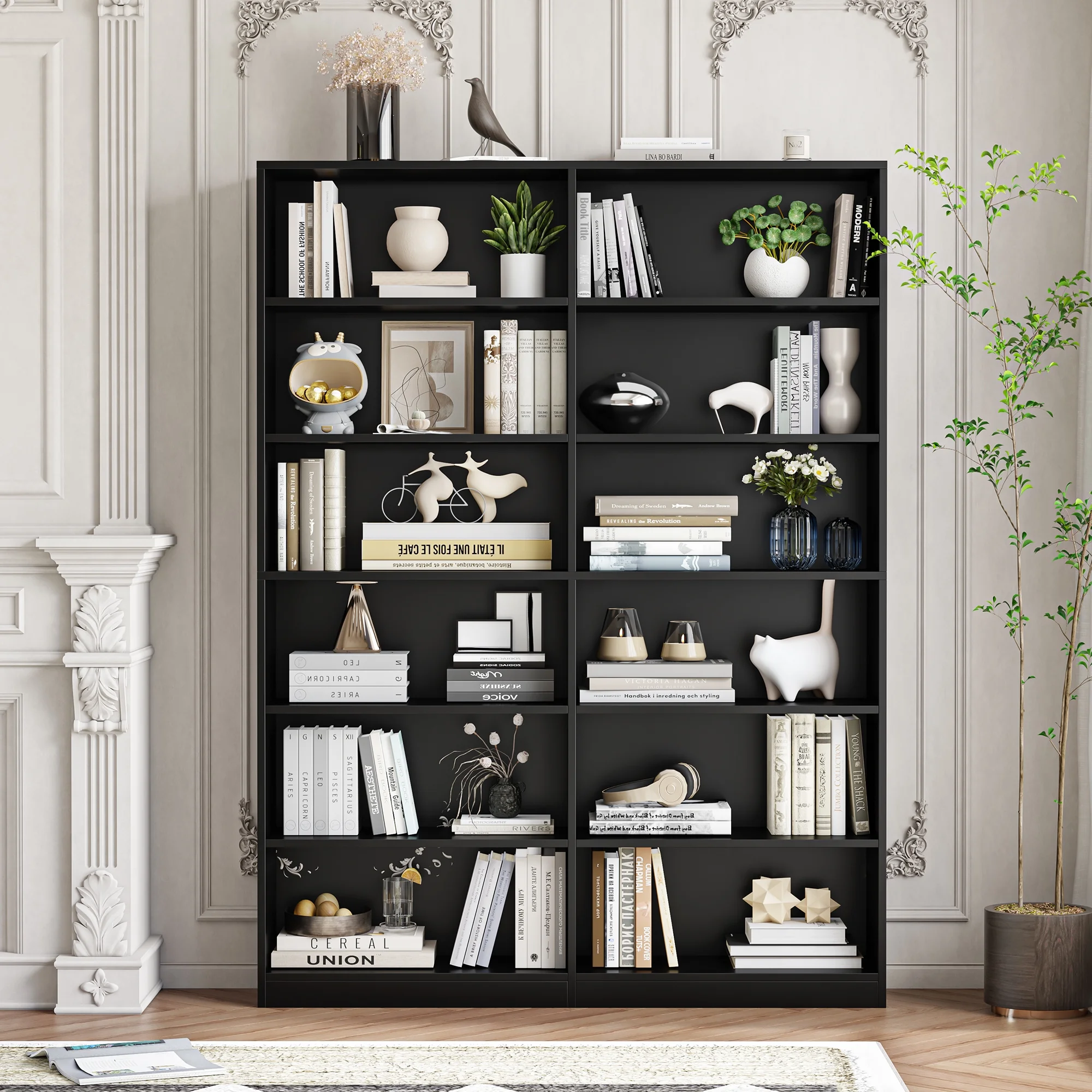 Homfa 74.3�� Double Wide 6-Tier Bookcase, Extra Large Wooden Freestanding Display Bookshelf for Home Office Living Room, White - Image 35