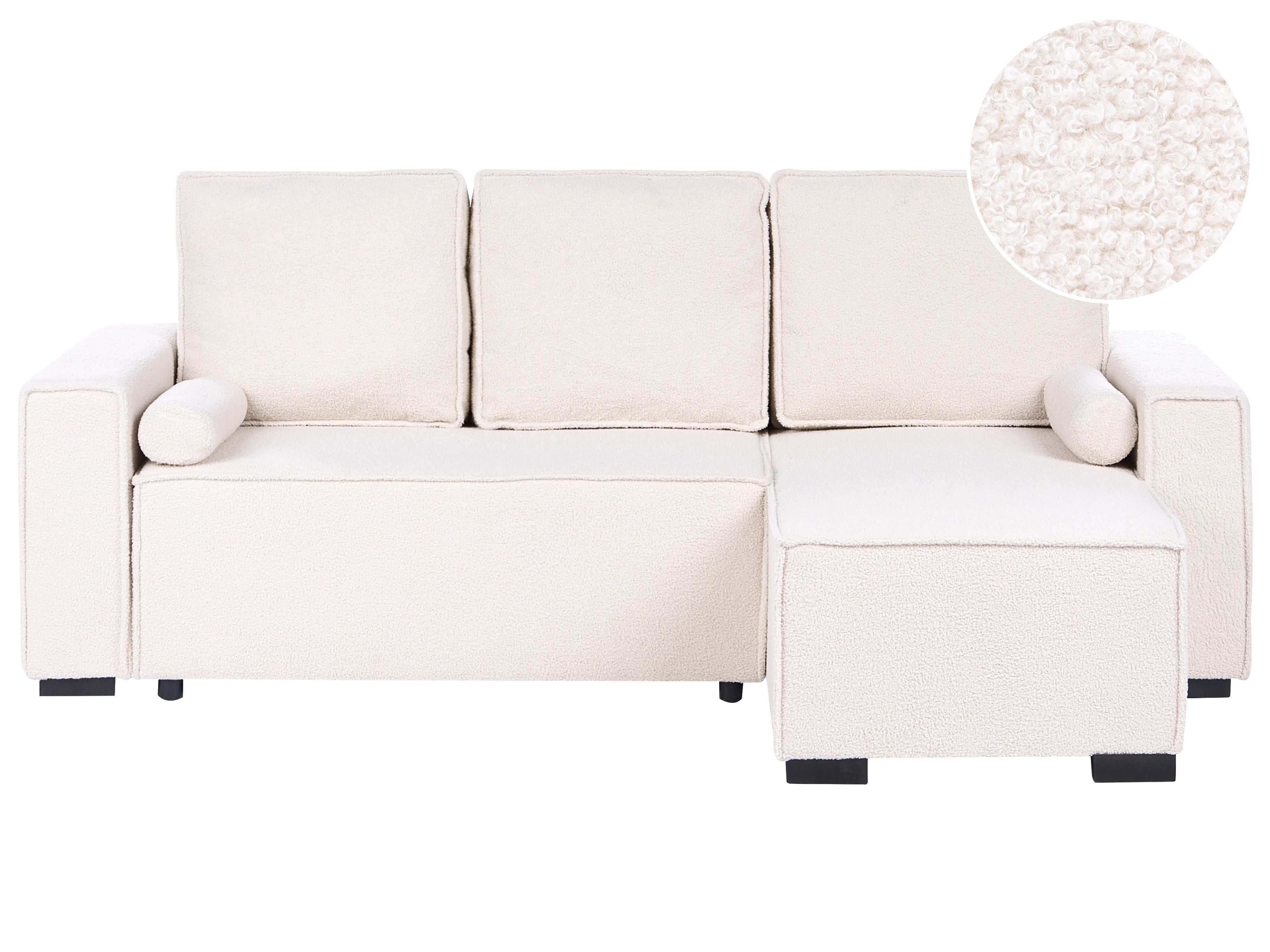 Corner Sofa Bed 3 Seater EDANE Boucle Off-White with Storage Left Hand