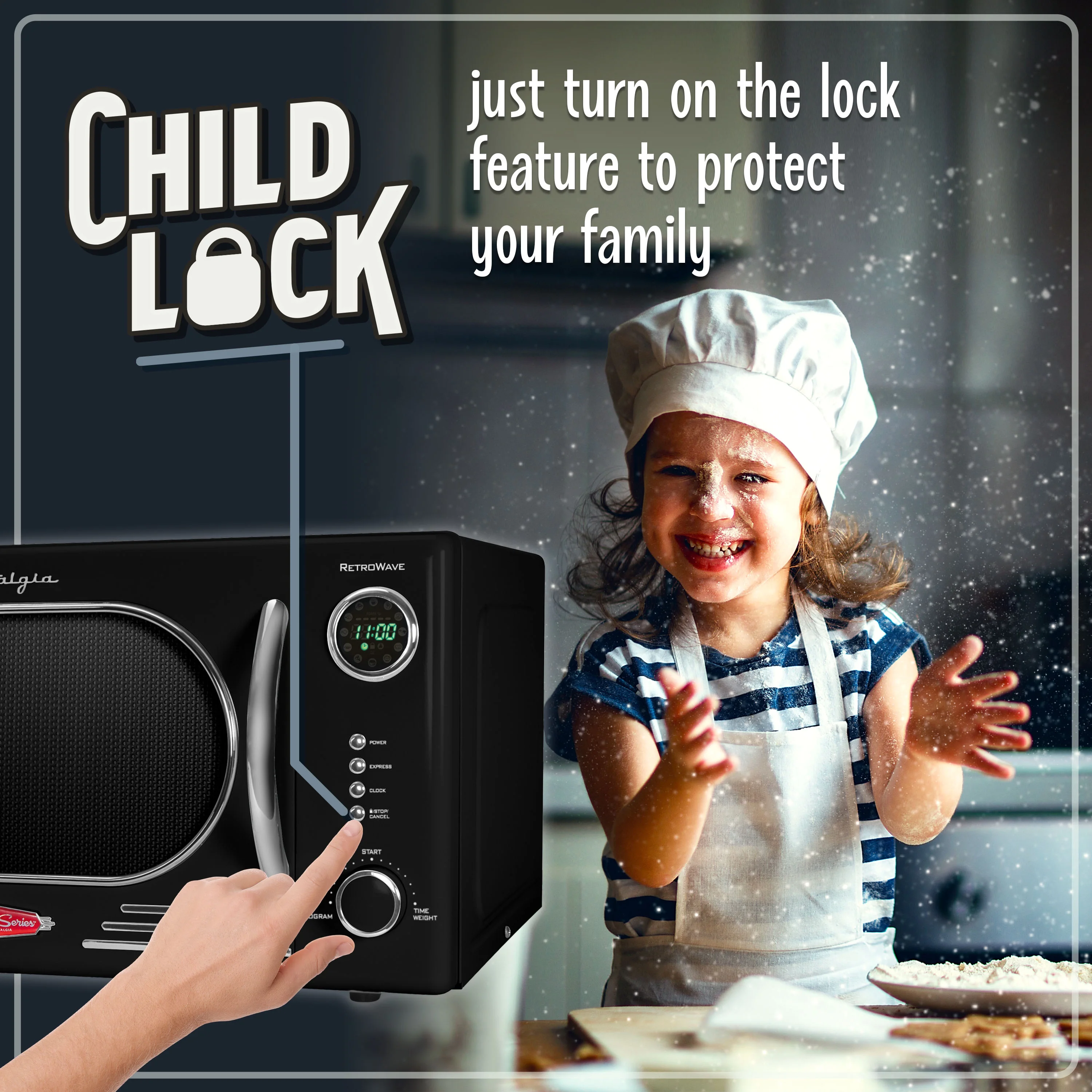 Nostalgia Retro Countertop Microwave Oven - Large 1000-Watt - 1.1 cu ft - 12 Pre-Programmed Cooking Settings - Digital Clock - Kitchen Appliances - Black