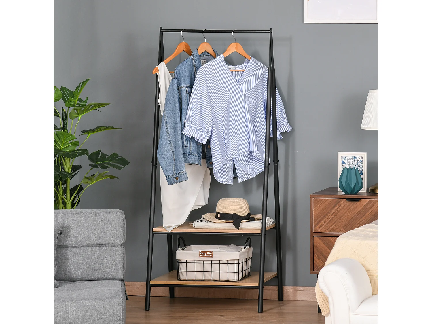 Portant à vêtements penderie style contemporain triangulaire dim. 64L x 43l x 149H cm 2 étagères MDF bois clair acier noir
