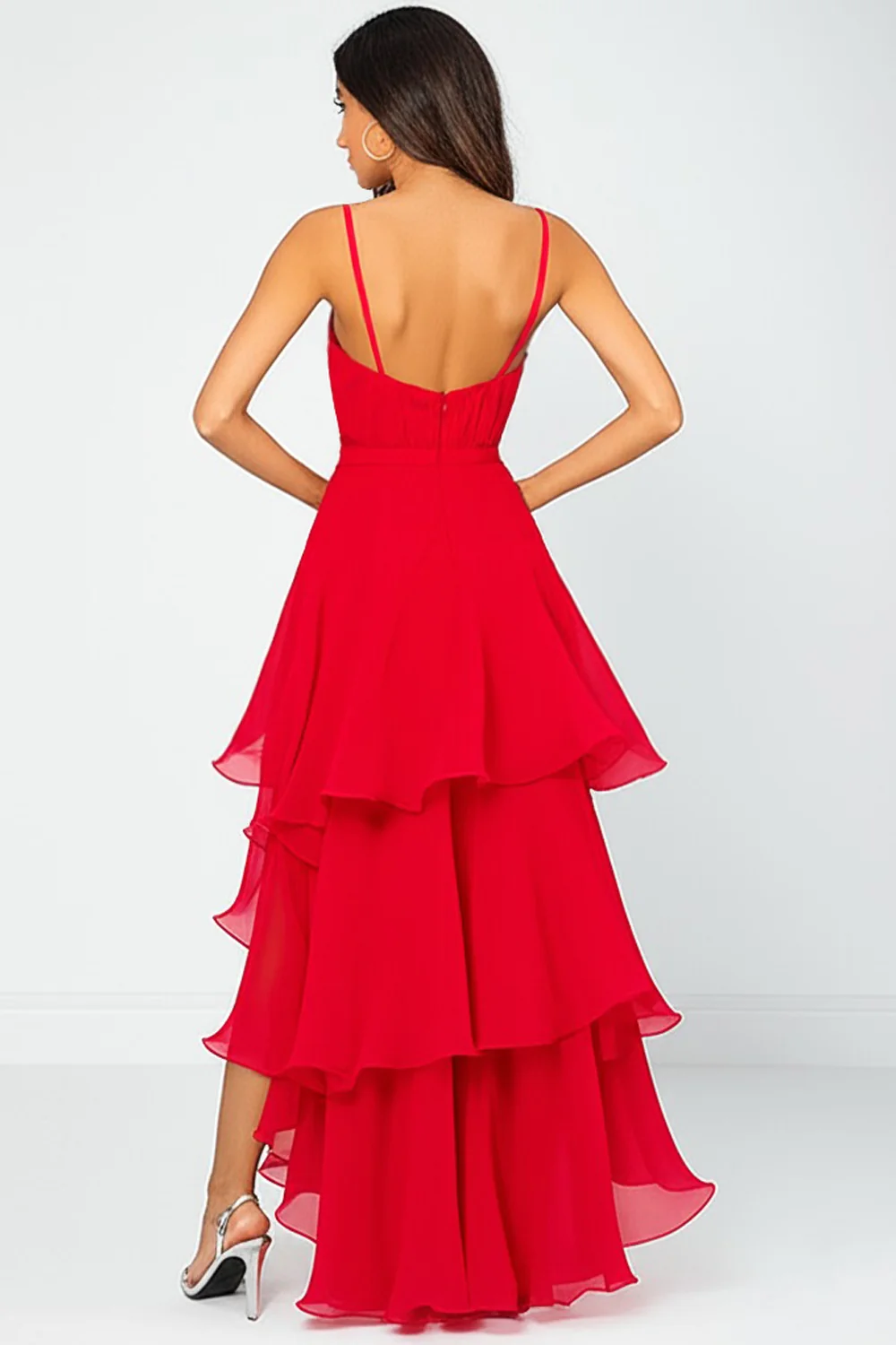 Red Deep A Line V-Neck Ruffled Long Asymmetrical Chiffon Formal Dress