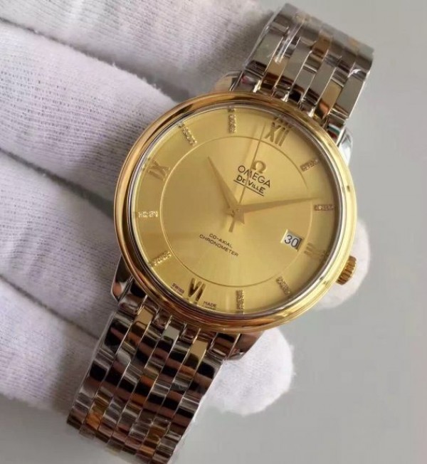 Replica Omega MK De Ville 39.5mm Yellow Dial Diamonds Markers RG Bezel SS/RG Bracelet A2824 - Elite Watch Atelier