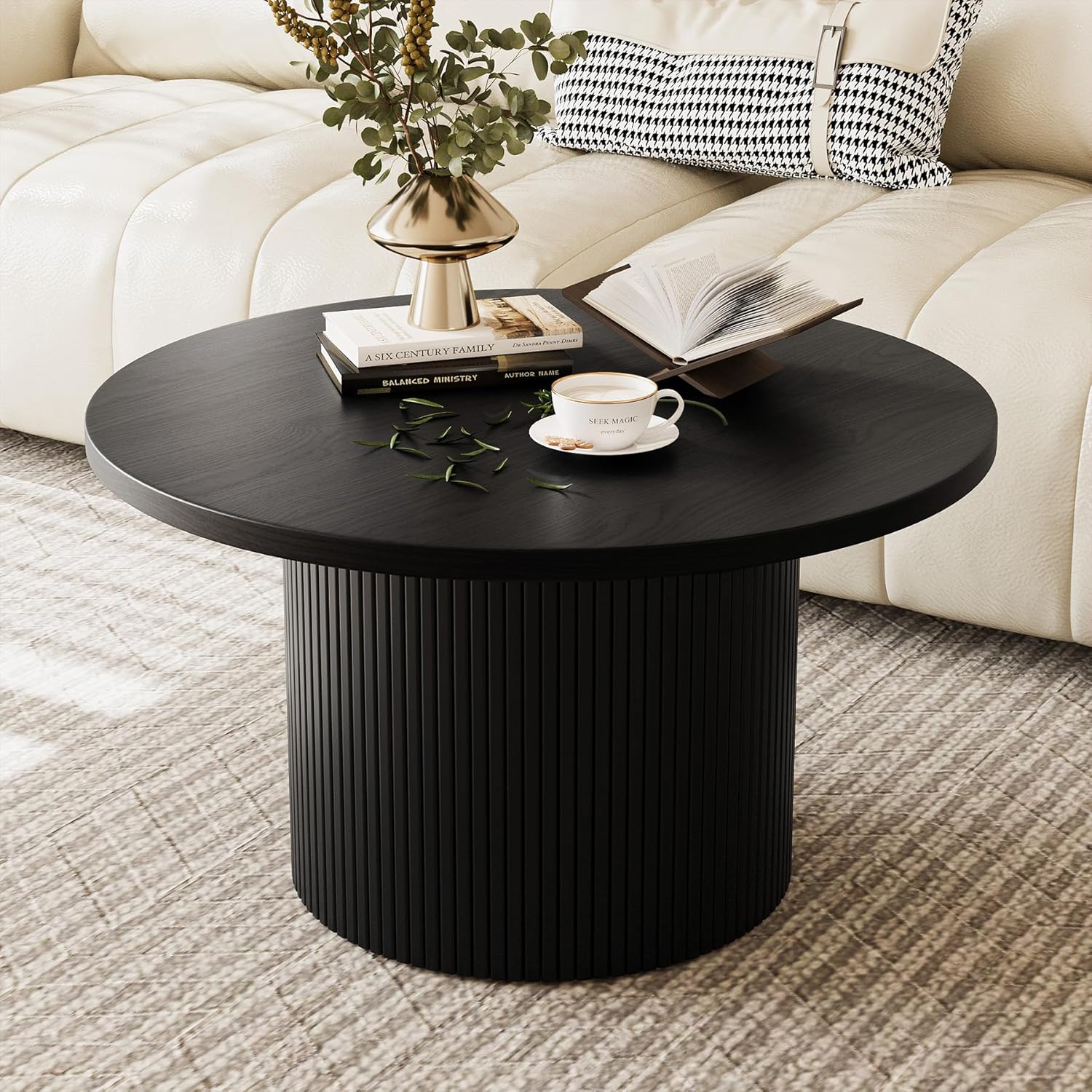 MAISONARIA Black Round Coffee Table with Metal Frame, 35