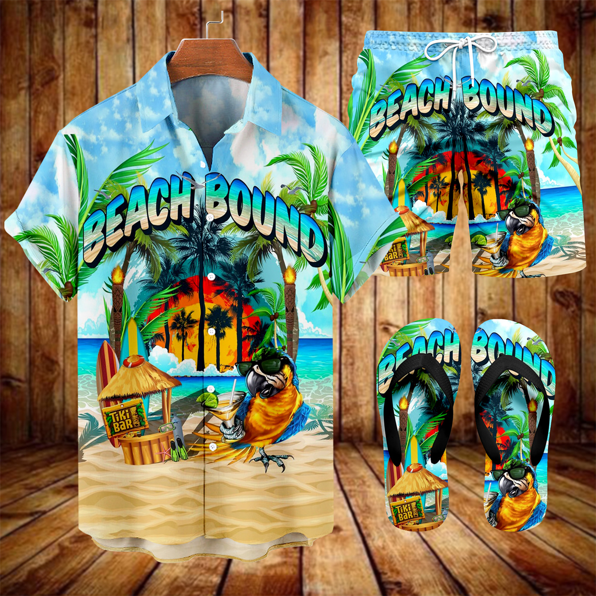 Suitmens Men's Tiki Party Hawaiian Vacation Print Three-Piece Set 027