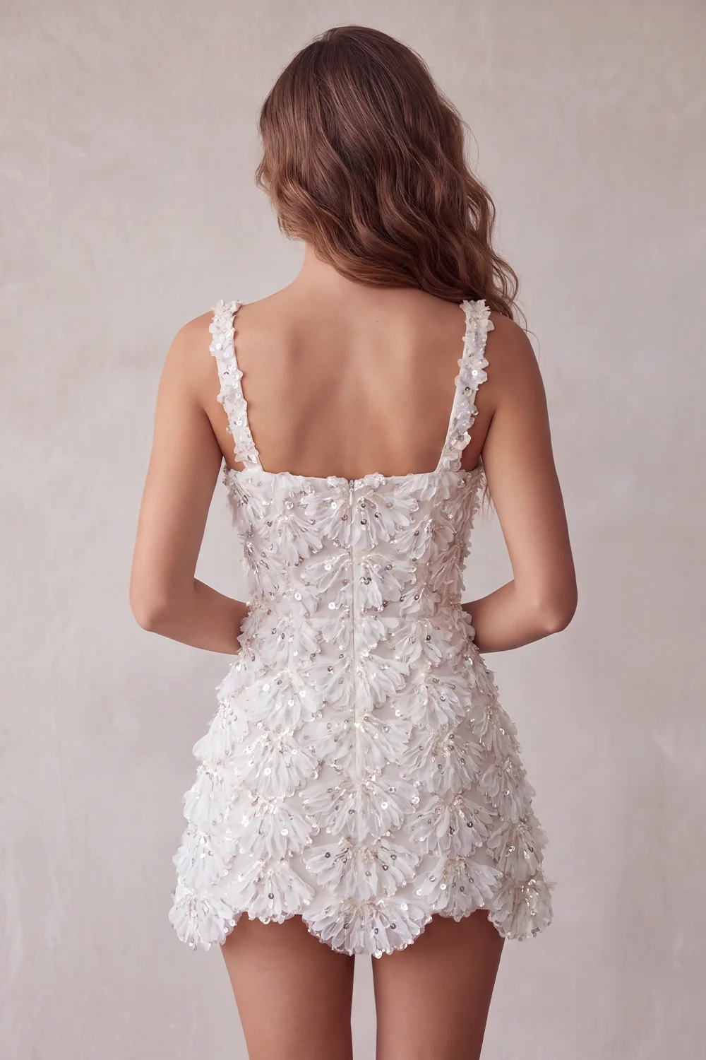 Ivory Sparkly Sequin Floral A Line Square Neck Short Homecoming Dress