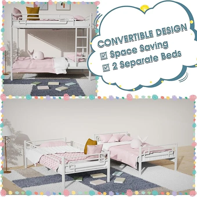 Kacho Metal Bunk Bed, Twin Over Twin Bunk Bed with Full-Length Guardrail and Ladder, Metal Bed Frame for Teens Adults, Floor Bunk Bed for Bedroom Drom, Space-Saving Design, Easy Assembly, White