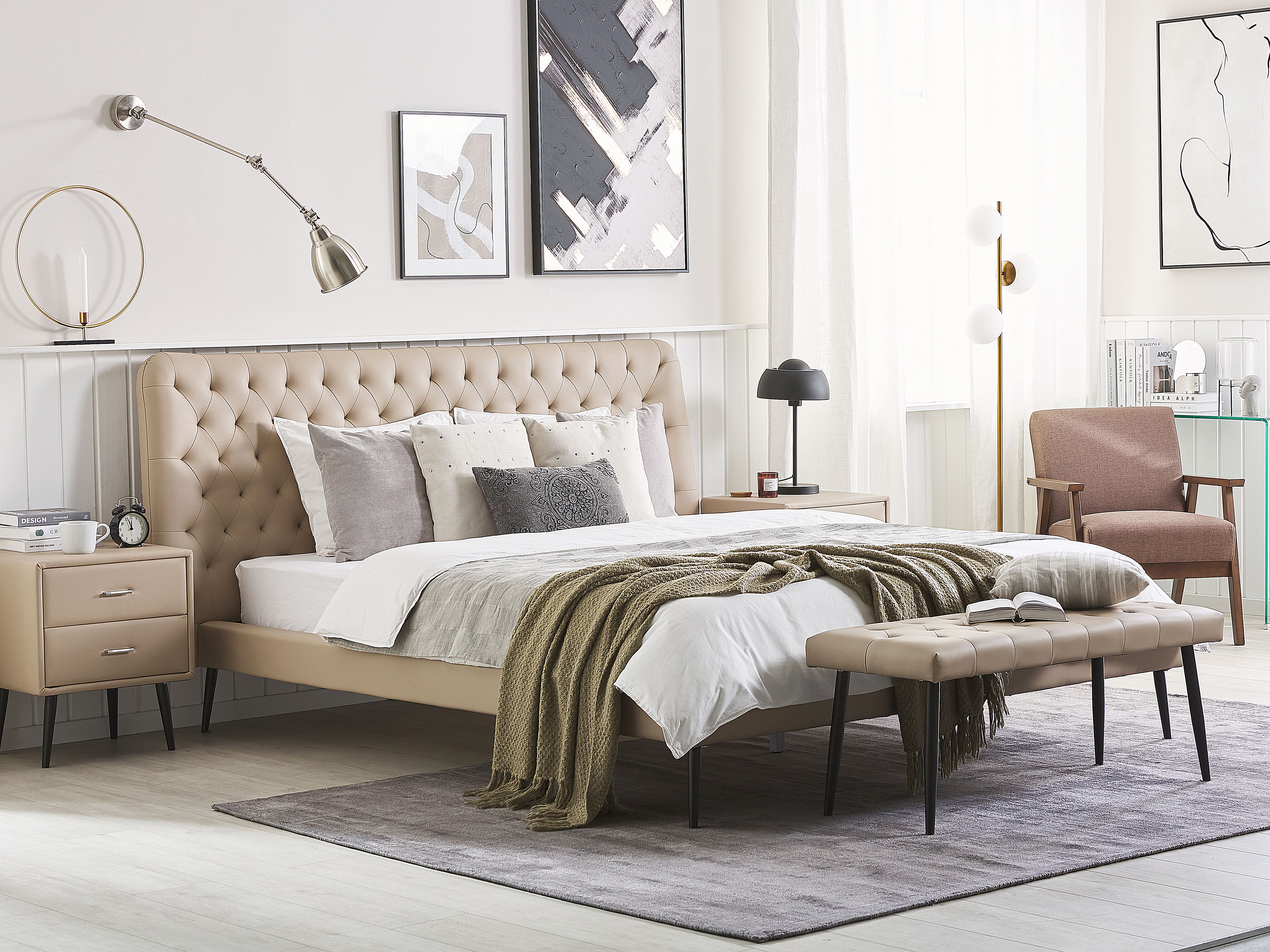 Bedroom Set Faux Leather ESSONNE 160 x 200 cm (EU King Size) Beige