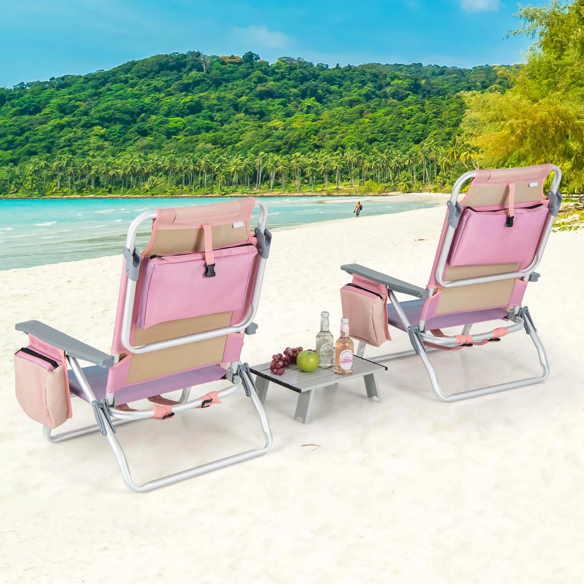 Costway 2-Pack Folding Backpack Beach Chair Table Set 5-Position Outdoor Reclining Chair Pink - Image 6