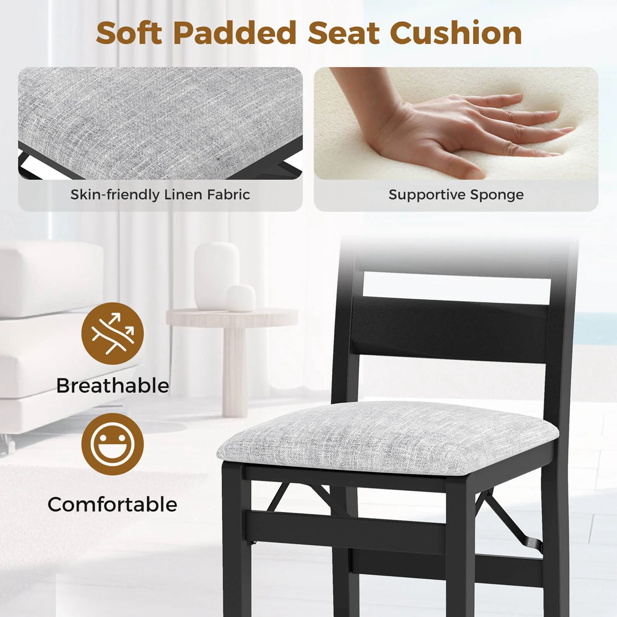 Costway Folding Chairs Set of 2 Modern Upholstered Chairs with Comfy Backrest & Padded Seat - Image 7