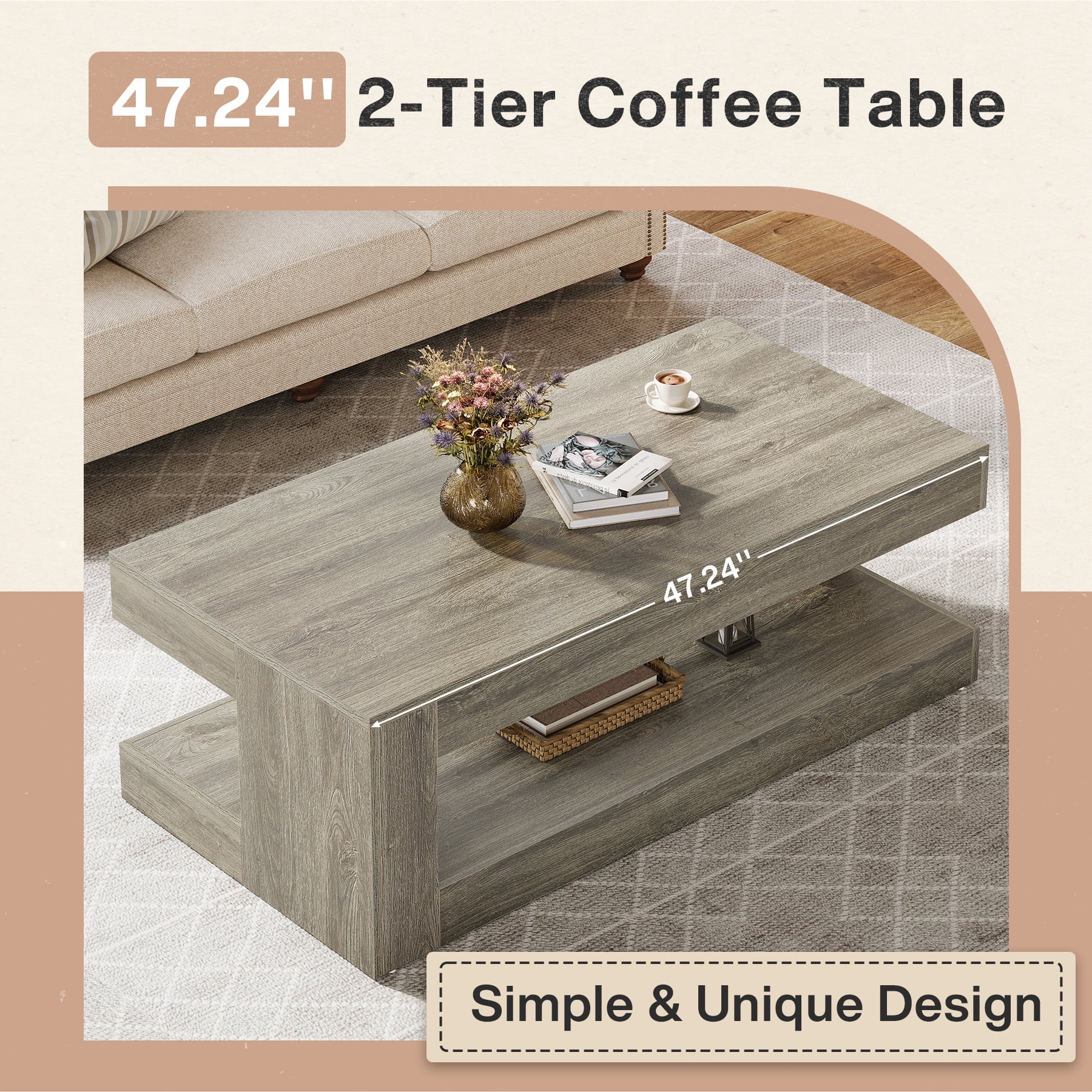 Tribesigns Coffee Table for Living Room, 47.24-Inch Farmhouse 2-Tier Accent Center Tea Cocktail Table with Storage, Elegant Grey, Rectangular - Image 7