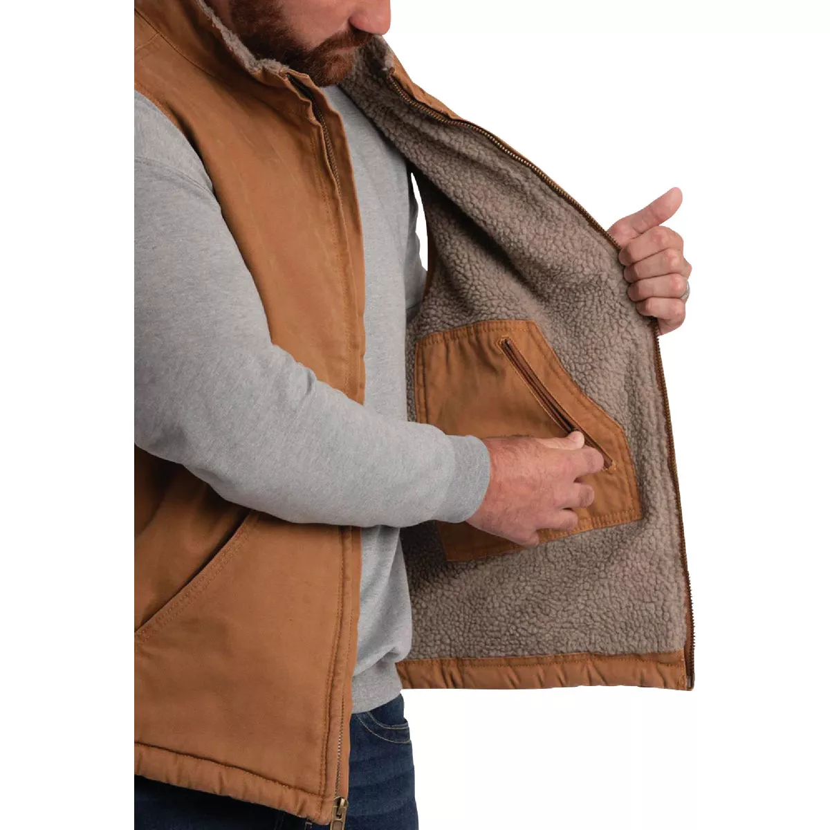 Berne Heartland Men's Large Brown Sherpa-Lined Washed Duck Vest