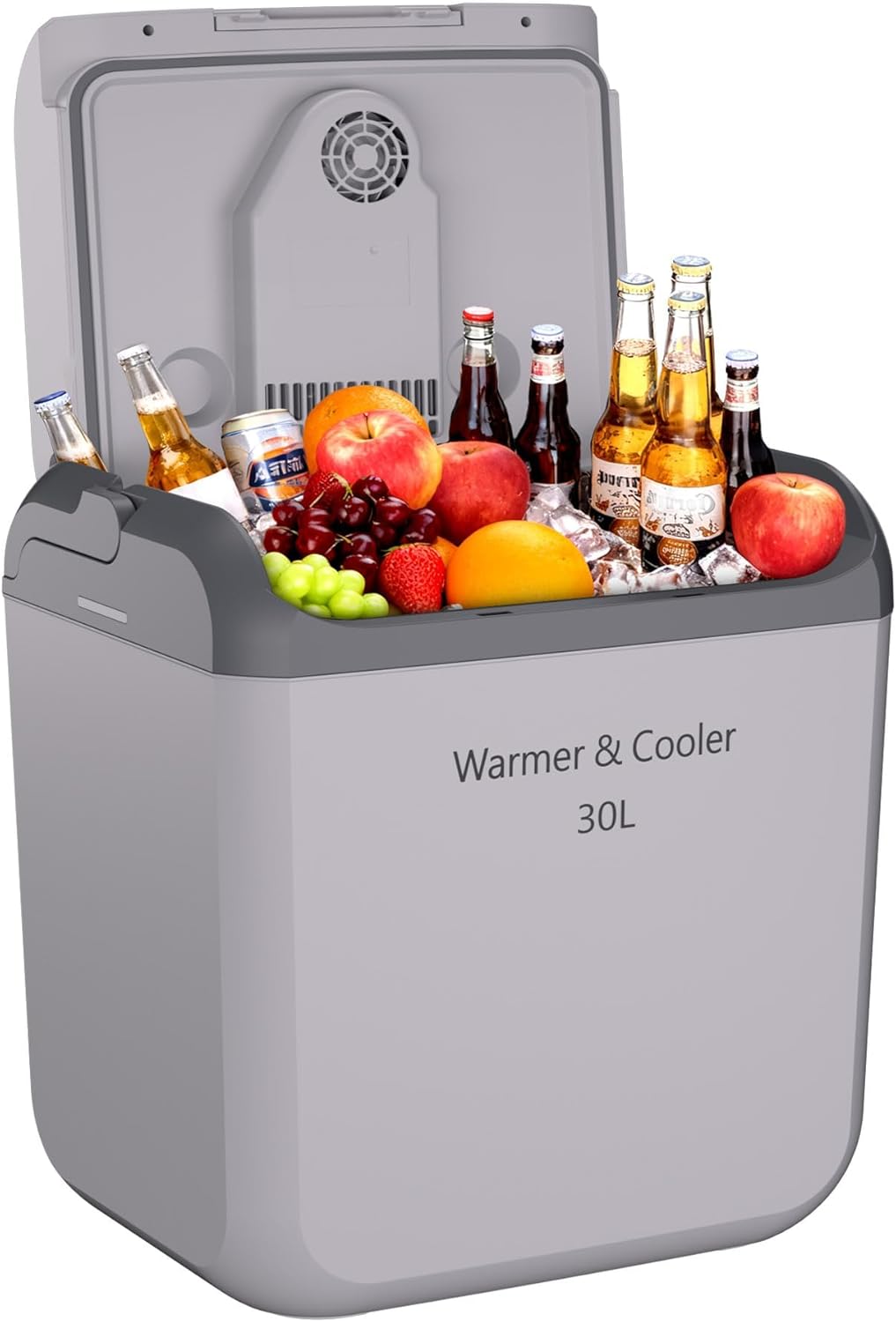 Portable Electric Car Cooler & Warmer 30L – Thermoelectric 12V/110V Refrigerator with Handle – Dual Power Plug-in Fridge for Vehicle, Truck, Camping, Travel – Light Gray, 30L