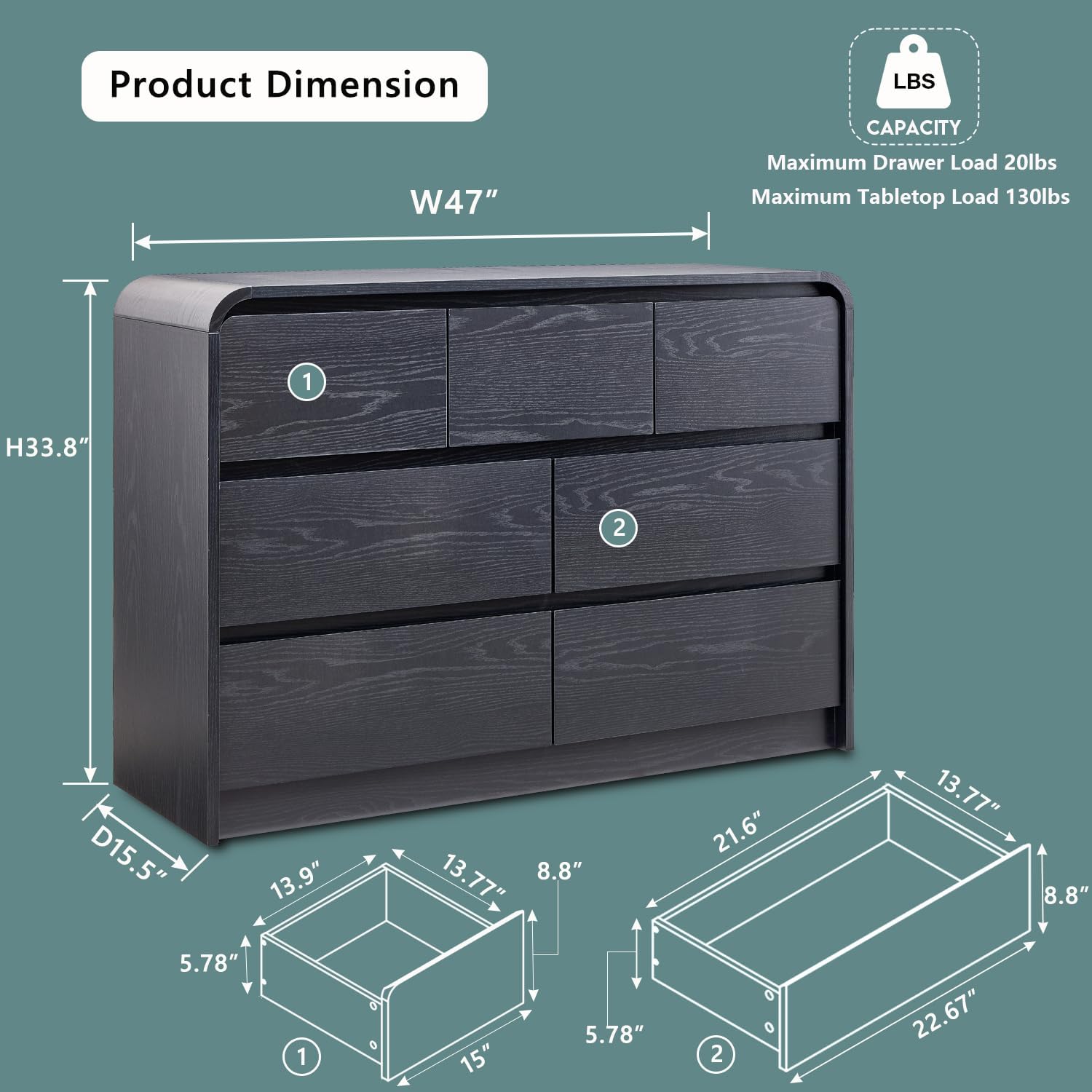 Modern 7 Drawers Dresser for Bedroom, 47