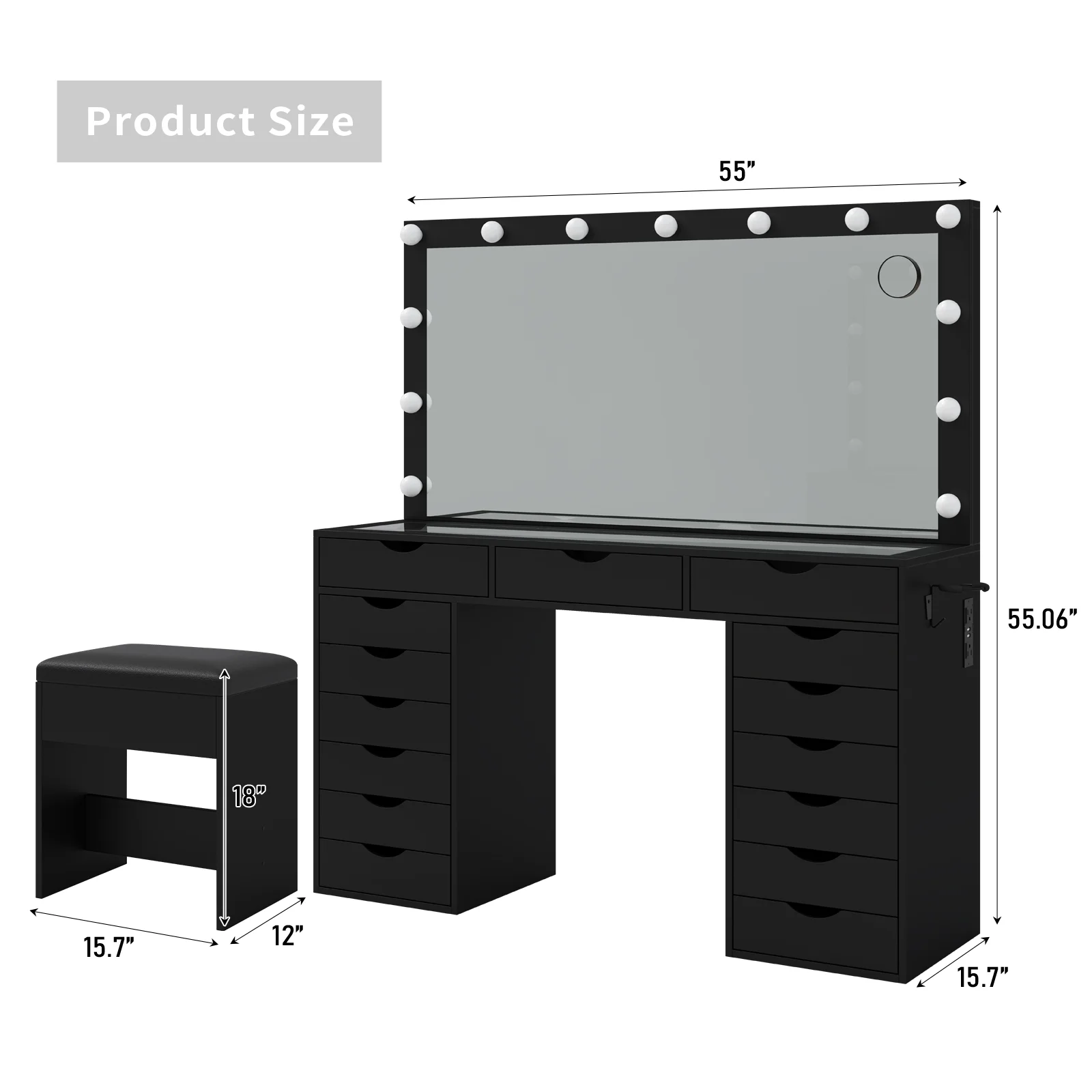 Yanosaku 15 Drawers Vanity Desk with Power Outlet, Makeup Table with Mirror and 13 LED Lights, 3 Color Lighting Modes, Brightness Adjustable, Glass Top Dressing Table, Vanity Set for Bedroom - Image 25