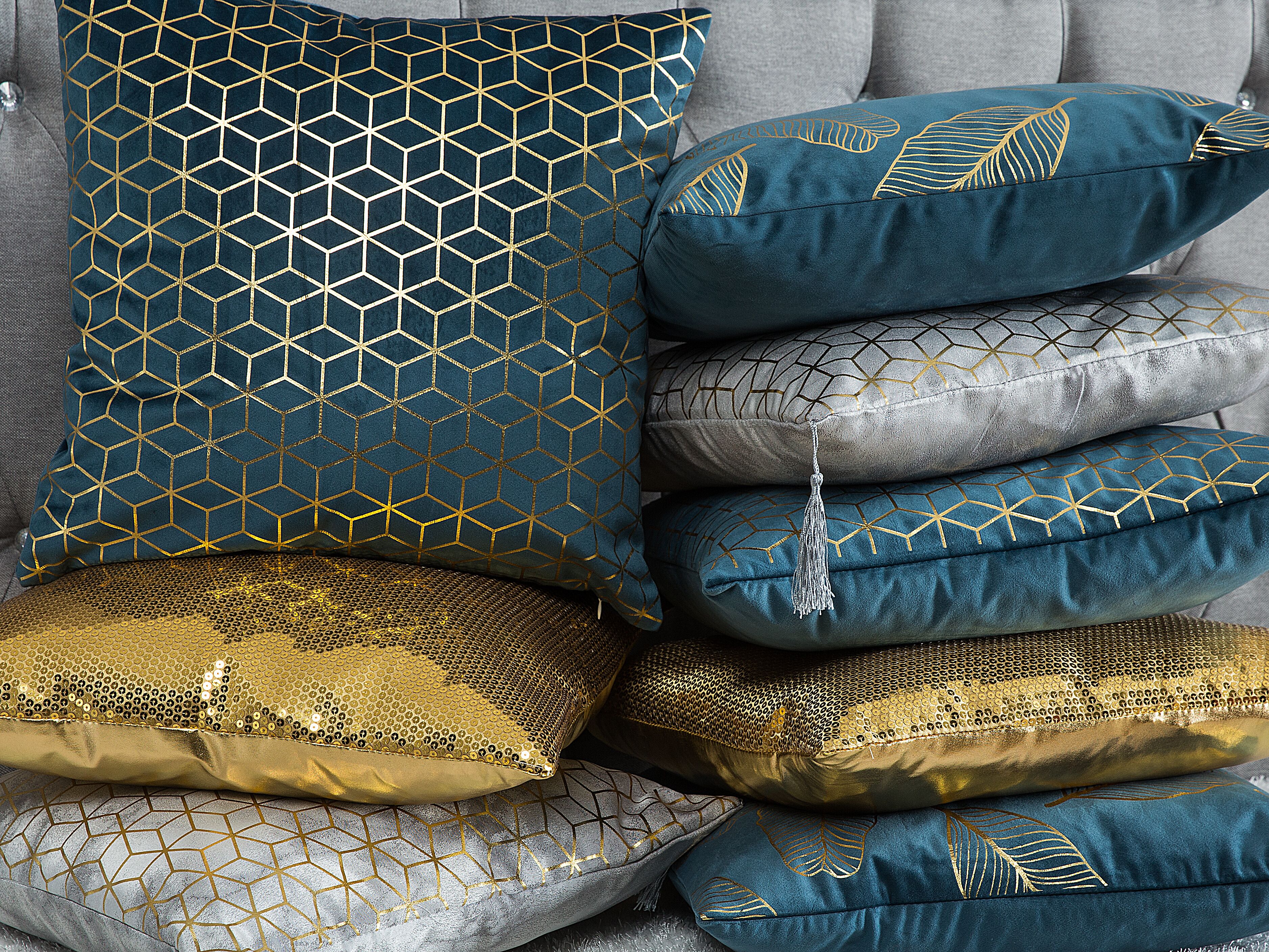 Set of 2 Decorative Cushions FREESIA Velvet 45 x 45 cm Teal Plant Pattern