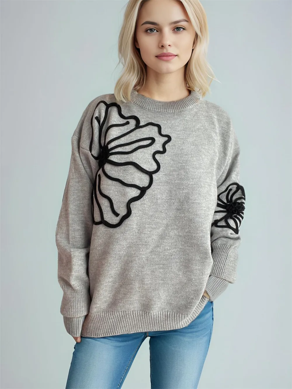 Flower Round Neck Long Sleeve Sweater - ZKZOOK