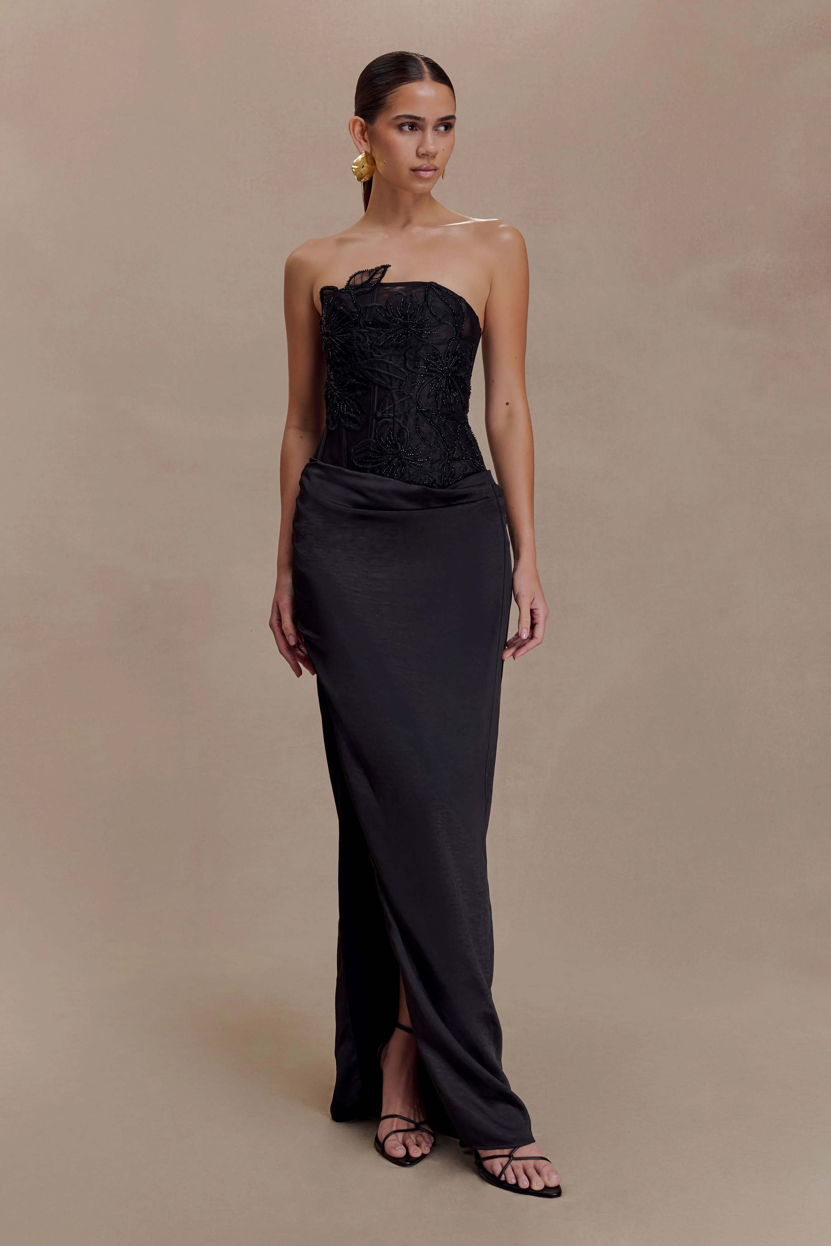 Asha Floral Mesh And Satin Maxi Dress - Black