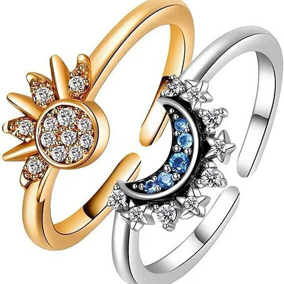 Sterling Zilveren Verstelbare Statement Ring met Zon en Maan Design