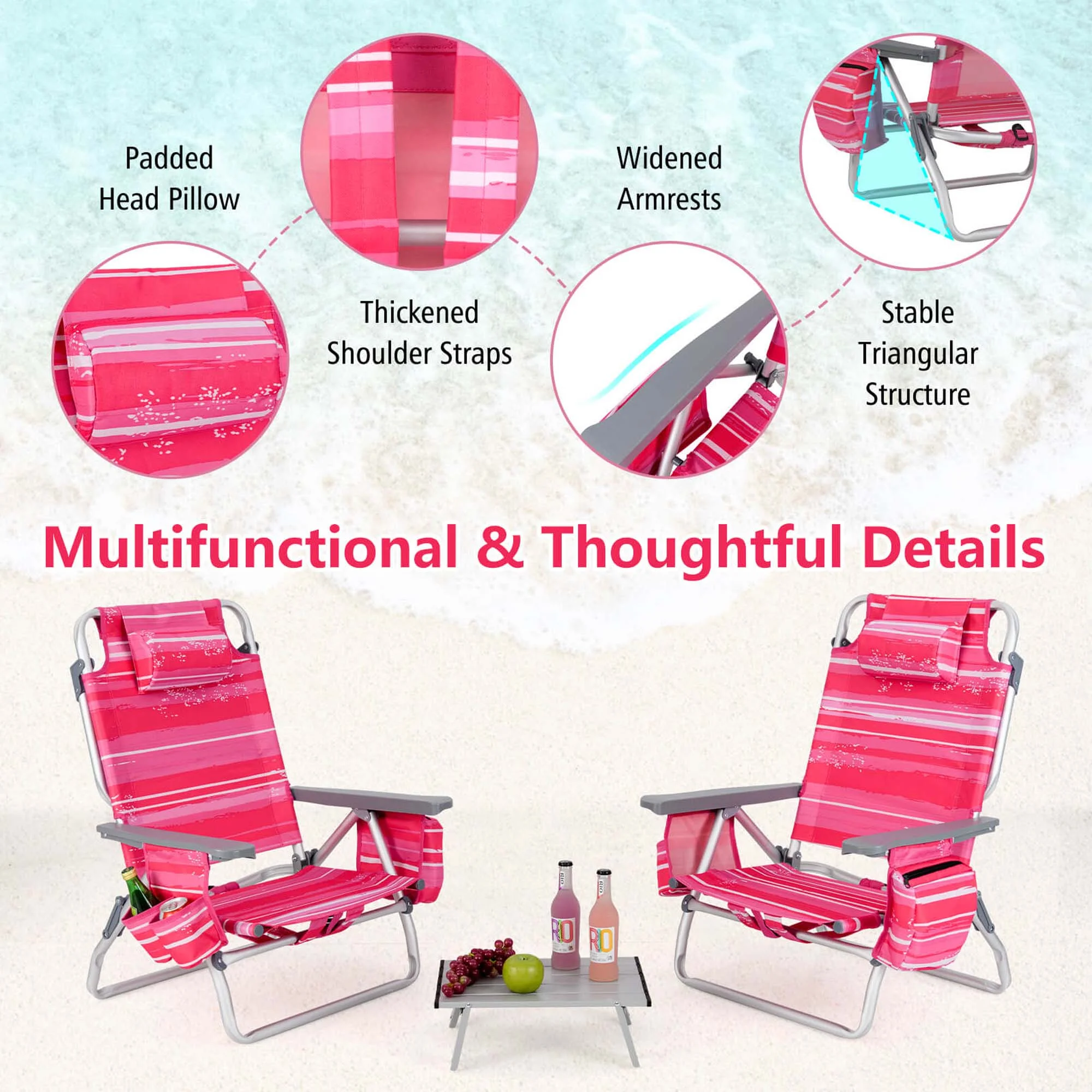 Costway 2-Pack Folding Backpack Beach Chair Table Set 5-Position Outdoor Reclining Chair Pink - Image 61