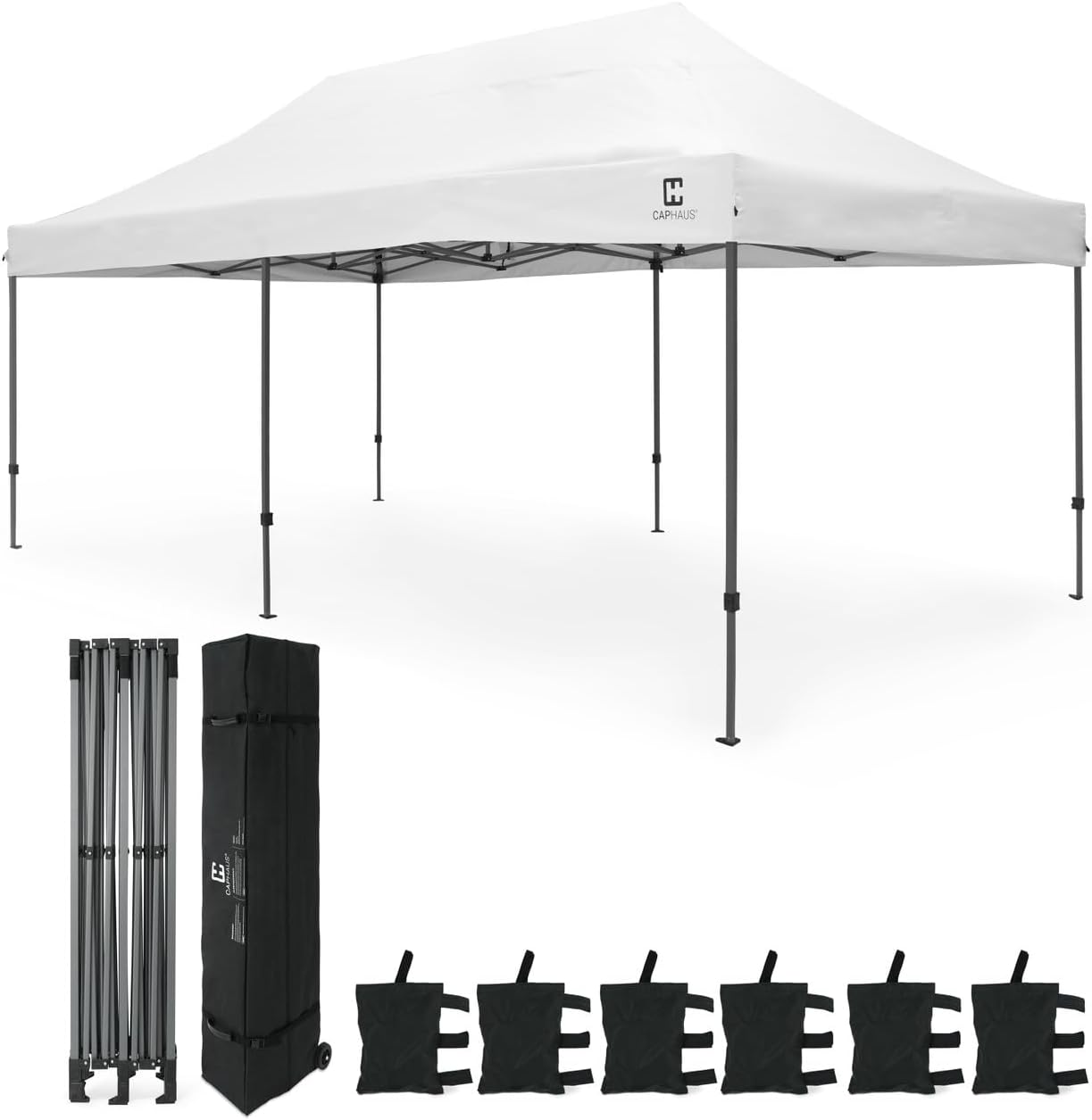 CAPHAUS 10ft x 20ft Commercial Grad Pop Up Outdoor Canopy Easy Up Tent, Heavy-Duty, Instant Folding Shelter with Wheeled Carry Bag and Weight Bags, Portable for Camping, Patio, Parties, White
