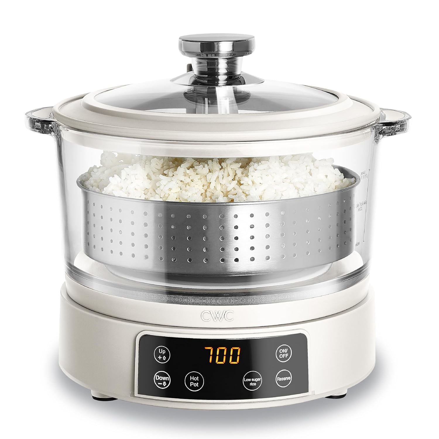 COOK WITH COLOR 3L Glass Mini Low Carb Rice Cooker – Holds 2 Cups Raw/Makes 6 Cups Cooked with Auto Lift Filter Basket, Hotpot & Steamer for Rice, Grains, Digital Panel with Keep Warm, Cream