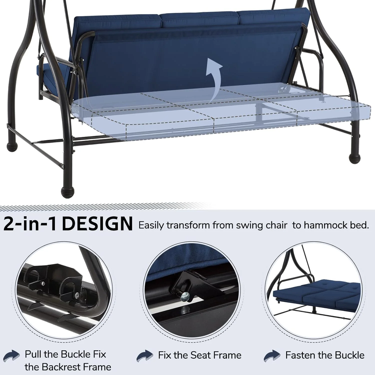 AECOJOY 3 Person Canopy Steel Porch Swing, Converting Swing Glider Hammock-Beige - Image 14