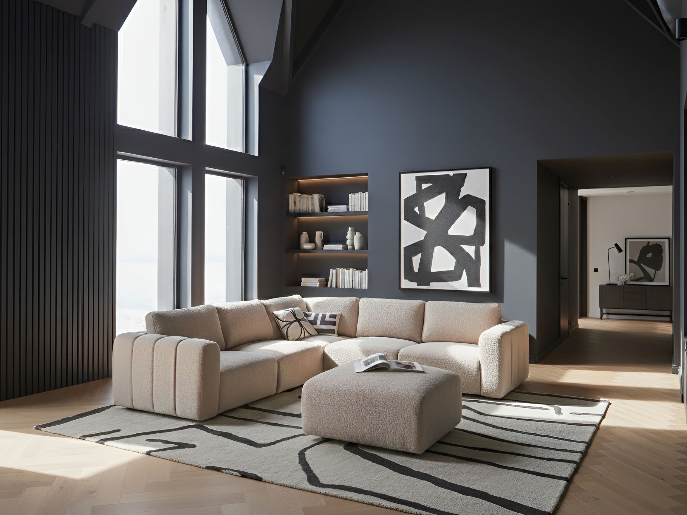 Modular Corner Sofa 5 Seater KIVVIK Boucle Beige with Ottoman Right Hand
