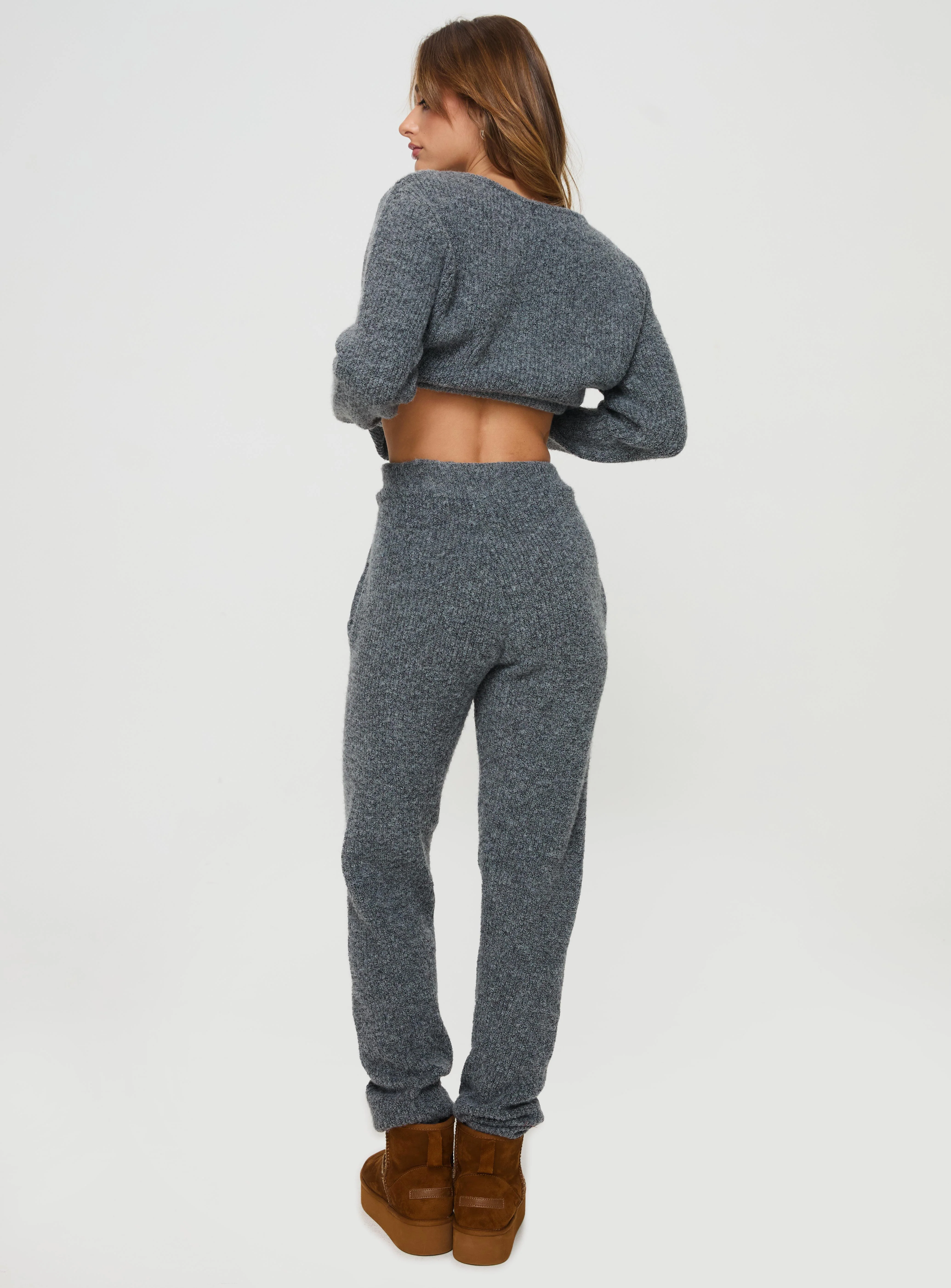 Princess Polly Abrams Rib Knit Pants Charcoal Marle