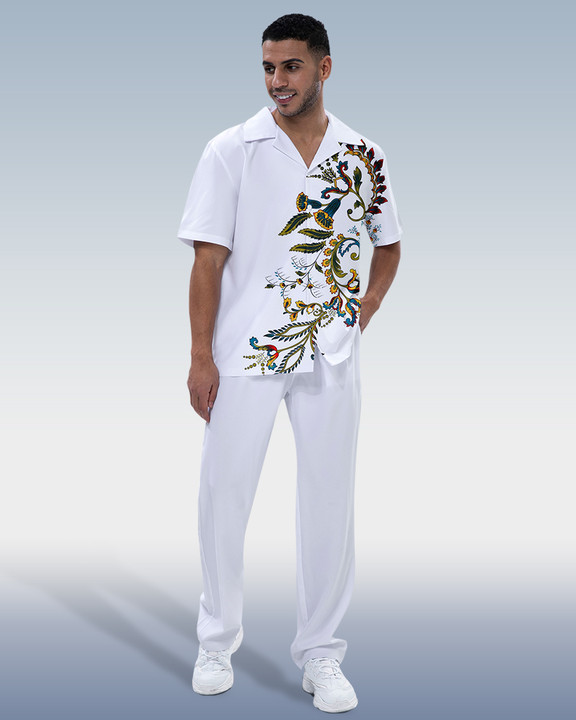 Suitmens Men's White Printed Short Sleeve Shirt Walking Set 277