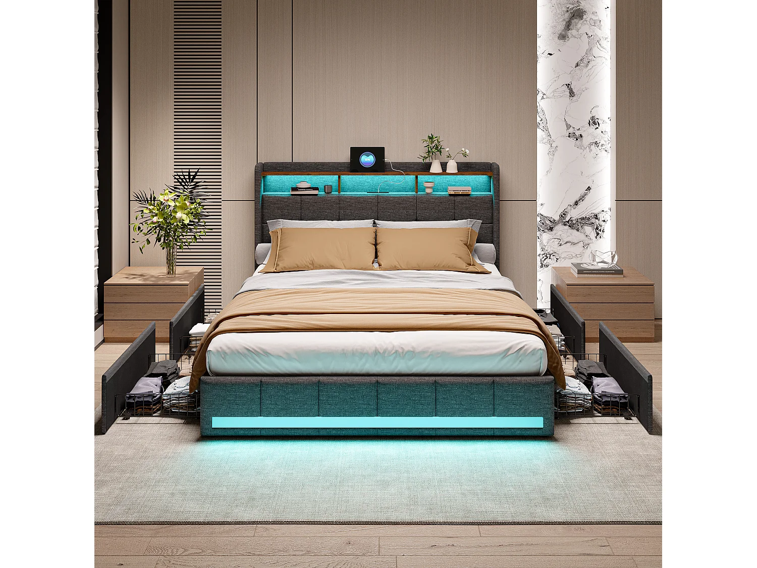 Lit 180×200 cm avec LED, USB/Type-C, 4 tiroirs – Lin gris, capitonné