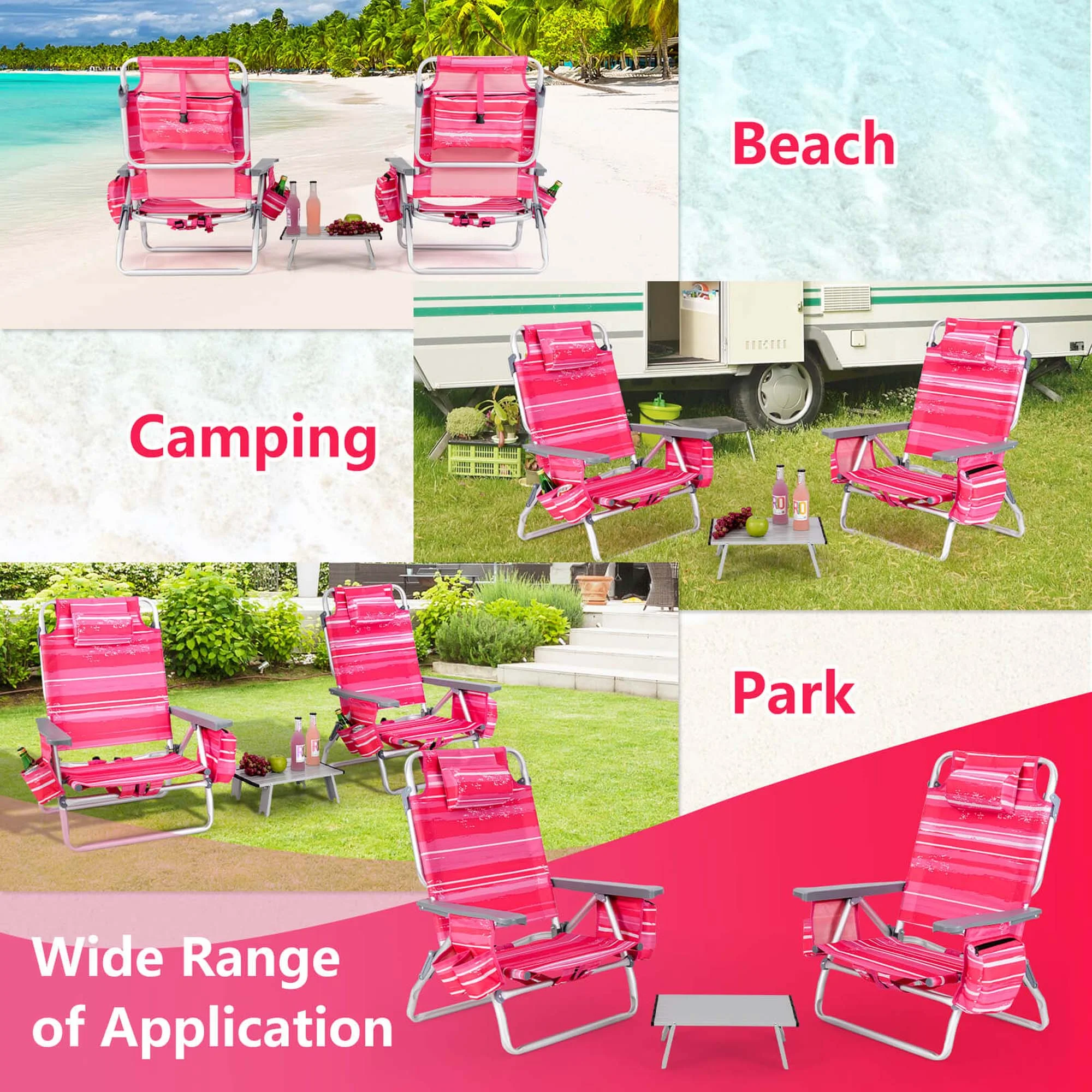 Costway 2-Pack Folding Backpack Beach Chair Table Set 5-Position Outdoor Reclining Chair Pink - Image 65