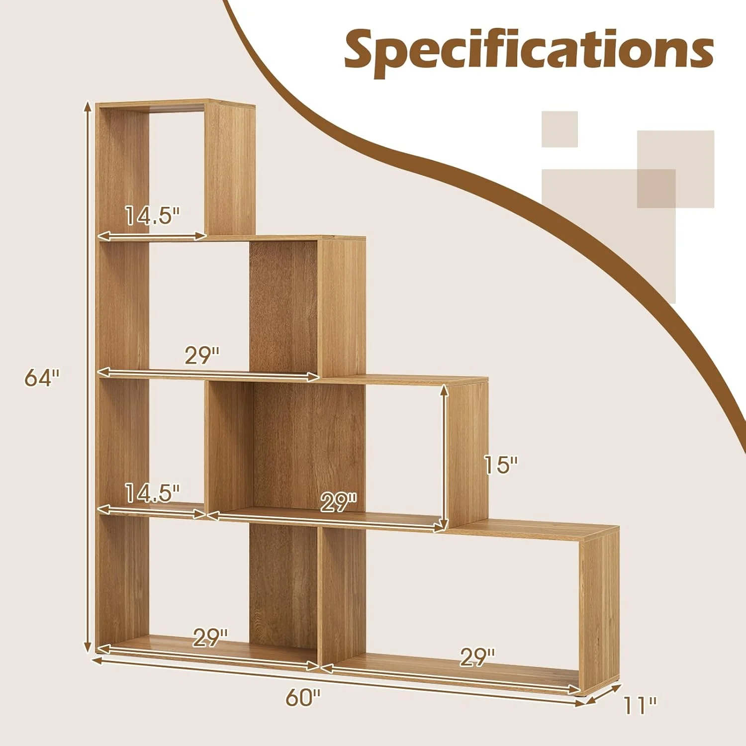 JTYUB 4-Tier Stepped Bookshelf, Freestanding 6 Cubes Ladder Bookcase with Anti-Tipping Kits, 64" Tall Modern Wooden Storage Display Rack for Home Office Living Room Study ,1 PCS,Natural - Image 3