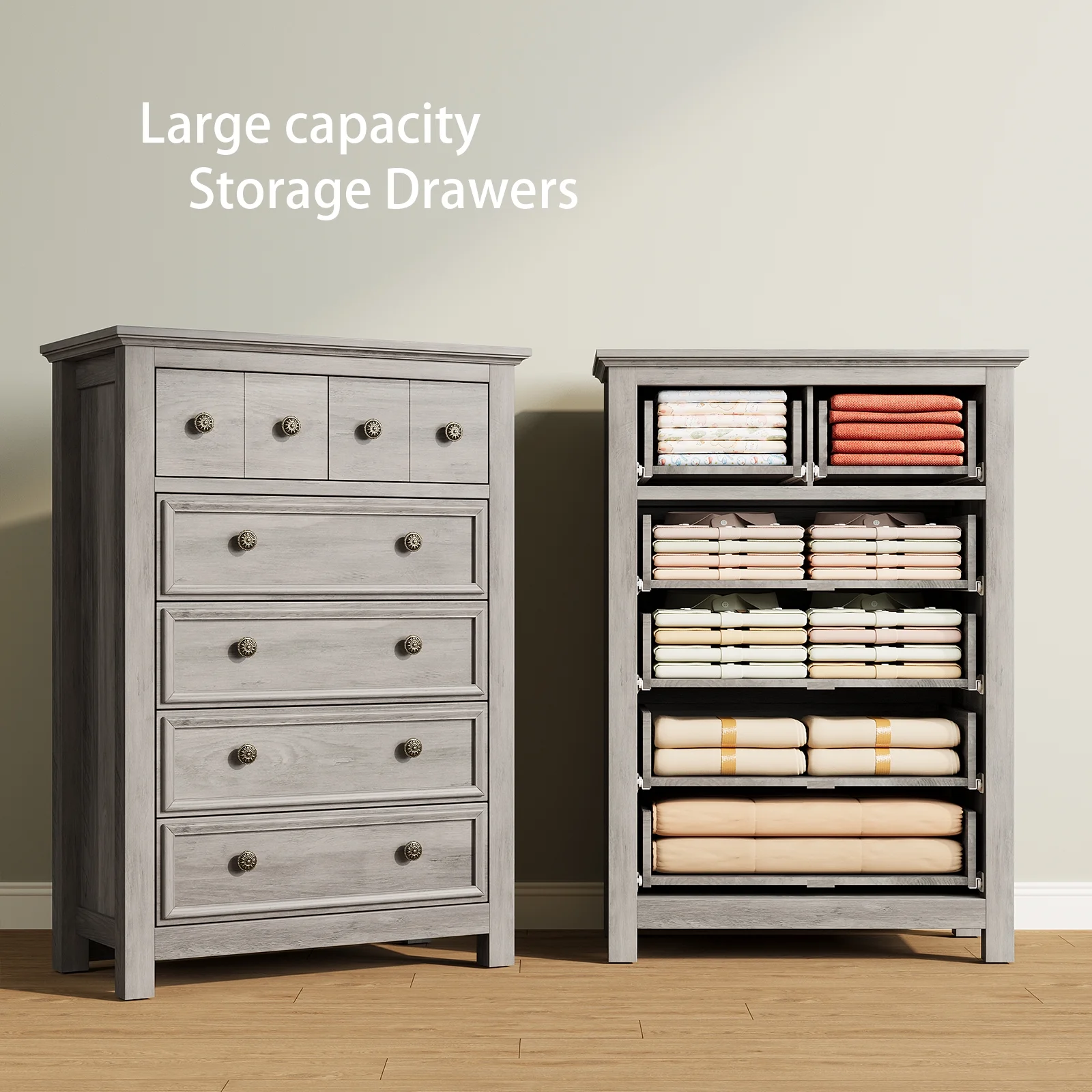 6 Drawer Wood Dresser for Bedroom, Chest of Drawers, Storage Organization Unit for Clothing, Gray