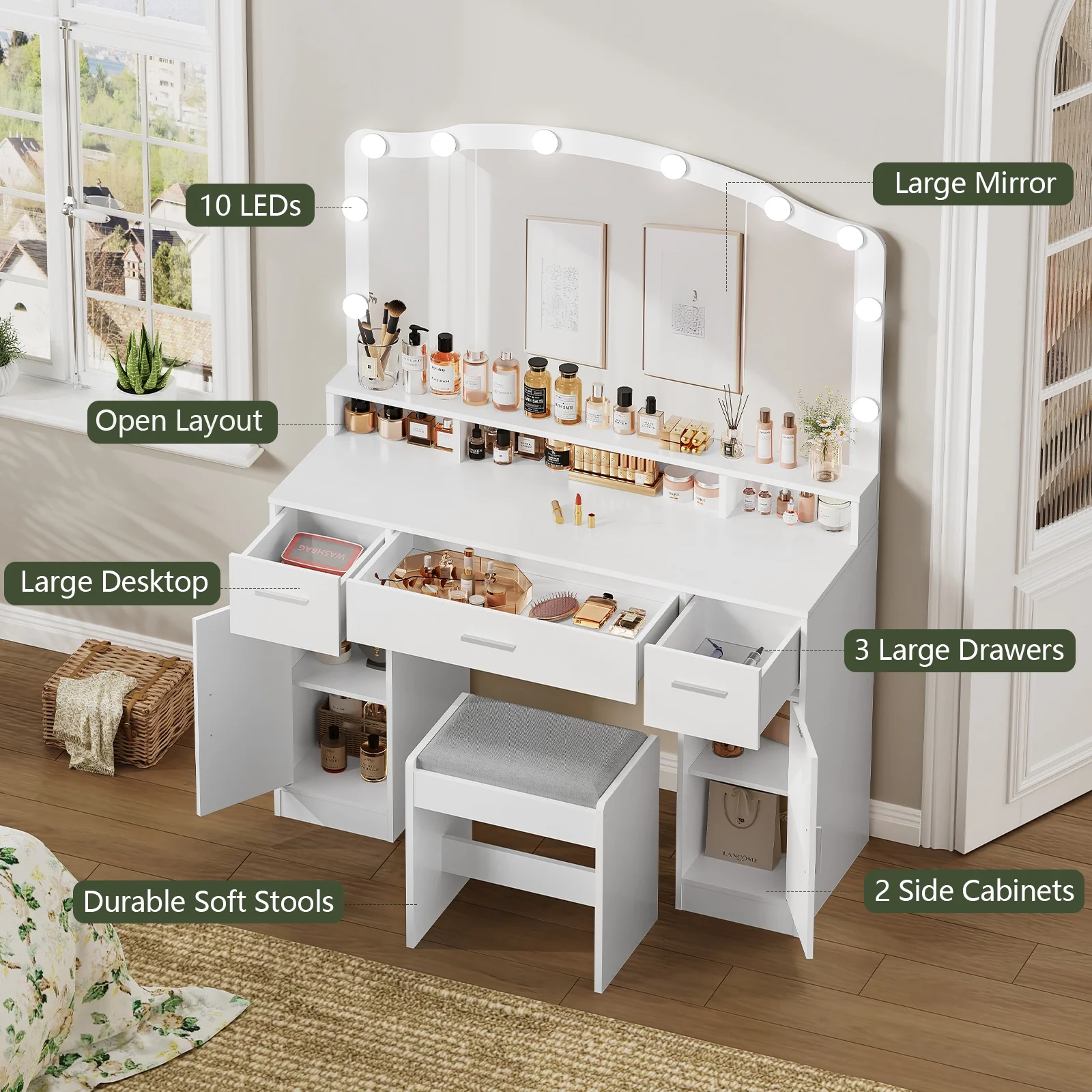 USIKEY Large Vanity Set with Large Lighted Mirror, Modern Makeup Vanity Table with 3 Drawers, 2 Storage Cabinets & 10 LED Bulbs and Cushioned Stool for Women, Bedroom, WhiteSZT32WD