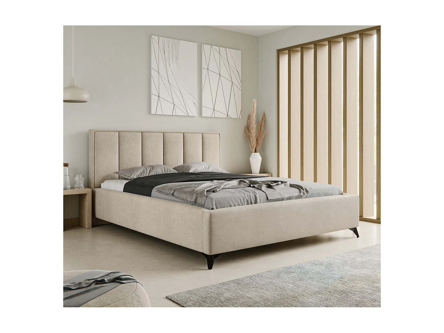 Lit rembourré LARA 180x200 Beige Velours avec coffre et sommier métallique Sans Matelas