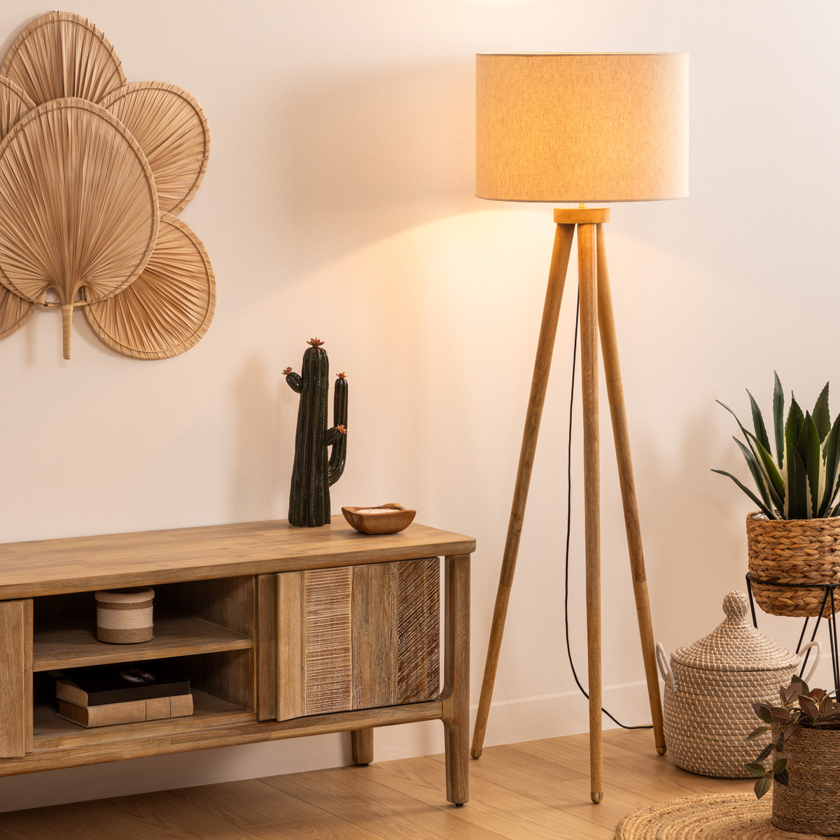 Tripod floor lamp "Olga" Wood, Black, H.150 cm