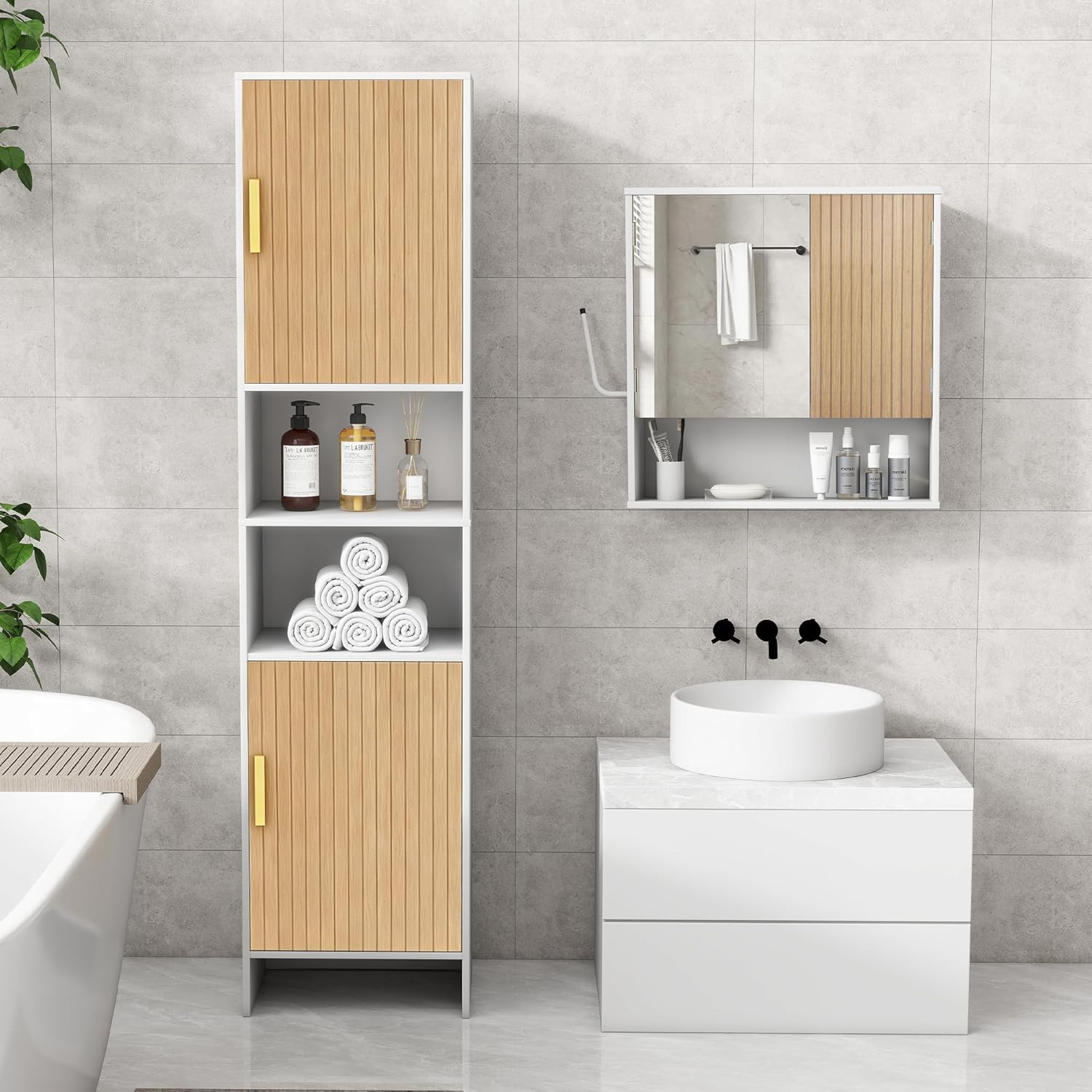 Tall Storage Cabinet, 13.15 Inch Narrow Bathroom Cabinet with USB Magnetic Light, Open Shelf, Magnetic Doors, 2 Adjustable Shelves, Anti-Tip Kit for Small Spaces, Living Room, White, 57.1