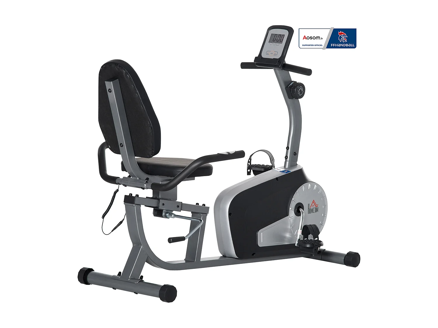 Vélo d'appartement semi-allongé magnétique réglable écran LCD - collaboration Aosom.fr x FFHandball - acier ABS gris noir